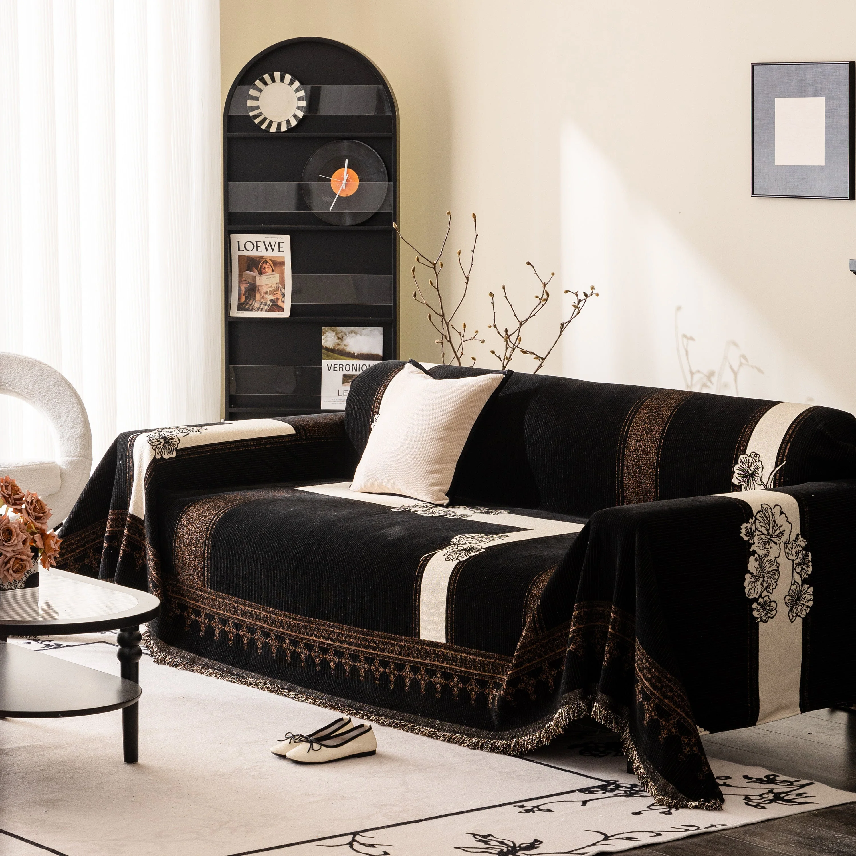 Jacquard Floral Band Sofa Cover with Tassels, Thick Textured Couch Throw Blanket - Image 64