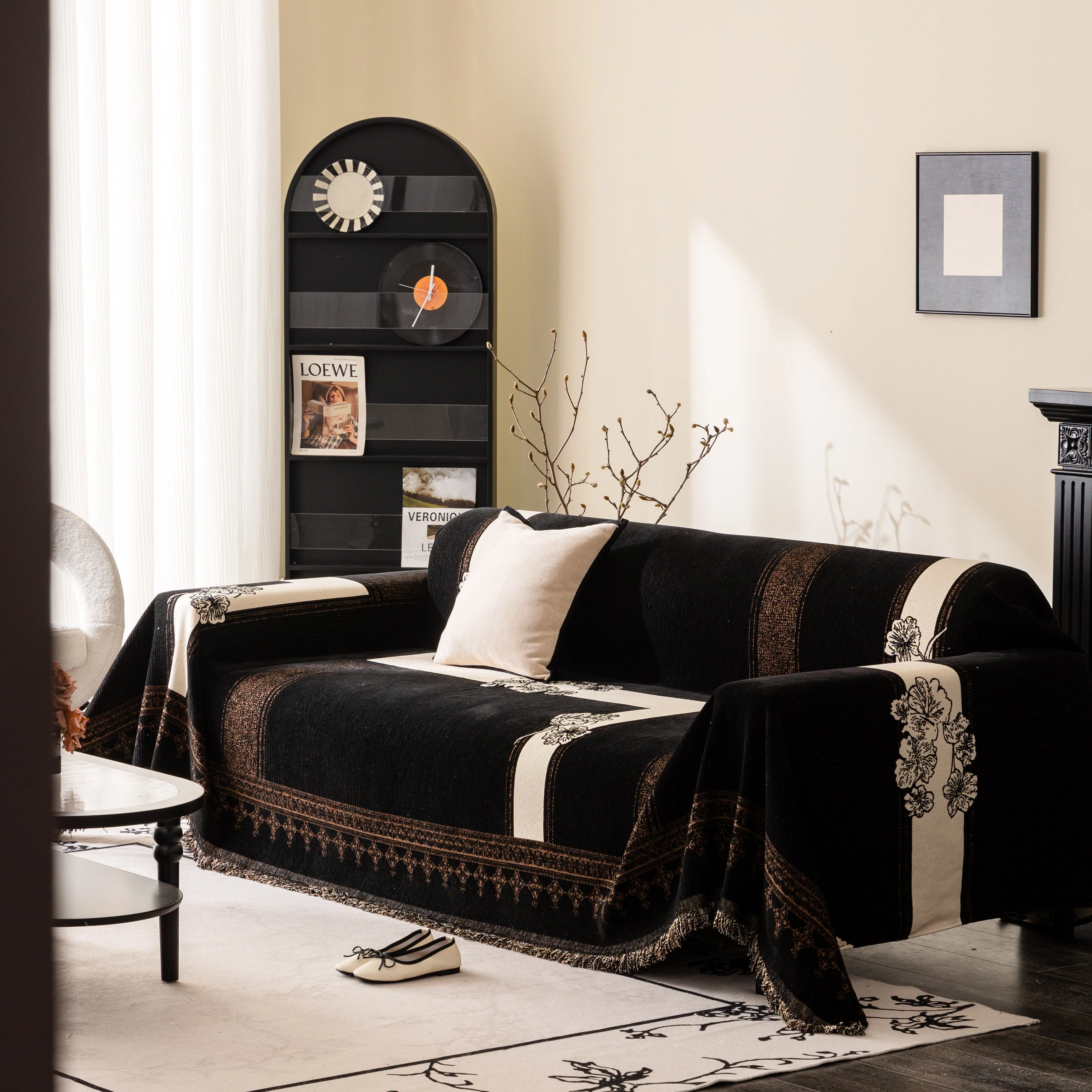Jacquard Floral Band Sofa Cover with Tassels, Thick Textured Couch Throw Blanket - Image 65