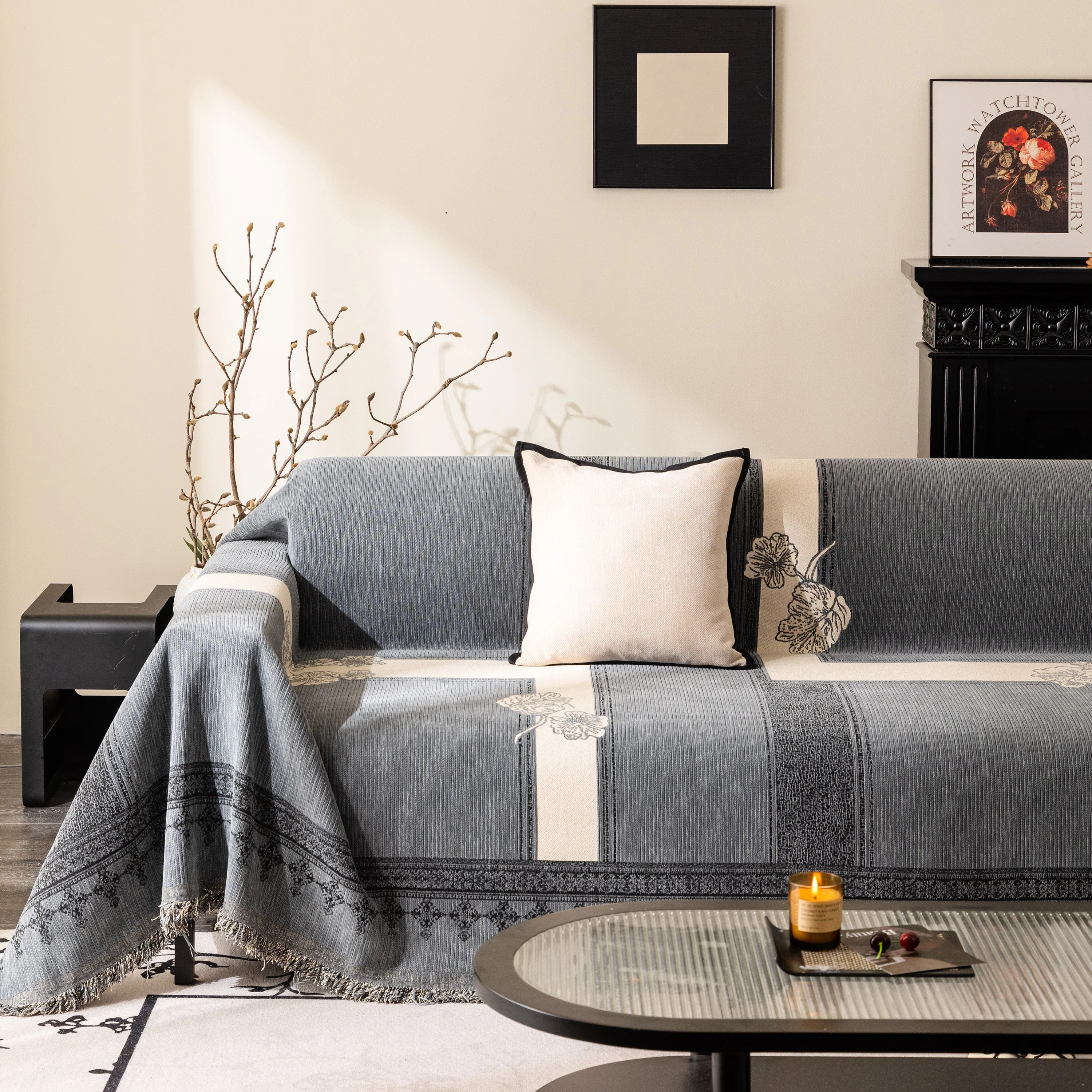 Jacquard Floral Band Sofa Cover with Tassels, Thick Textured Couch Throw Blanket - Image 73