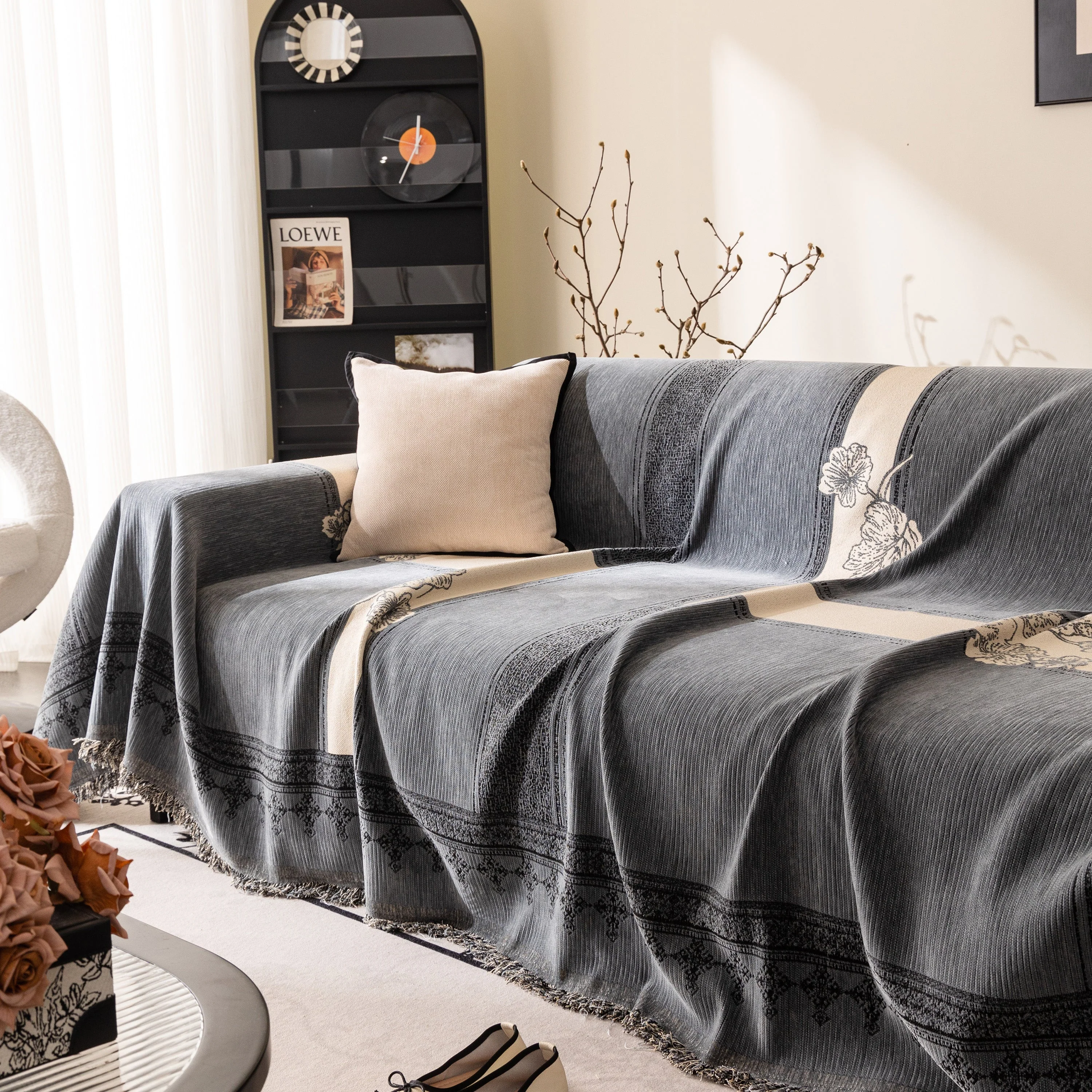 Jacquard Floral Band Sofa Cover with Tassels, Thick Textured Couch Throw Blanket - Image 74