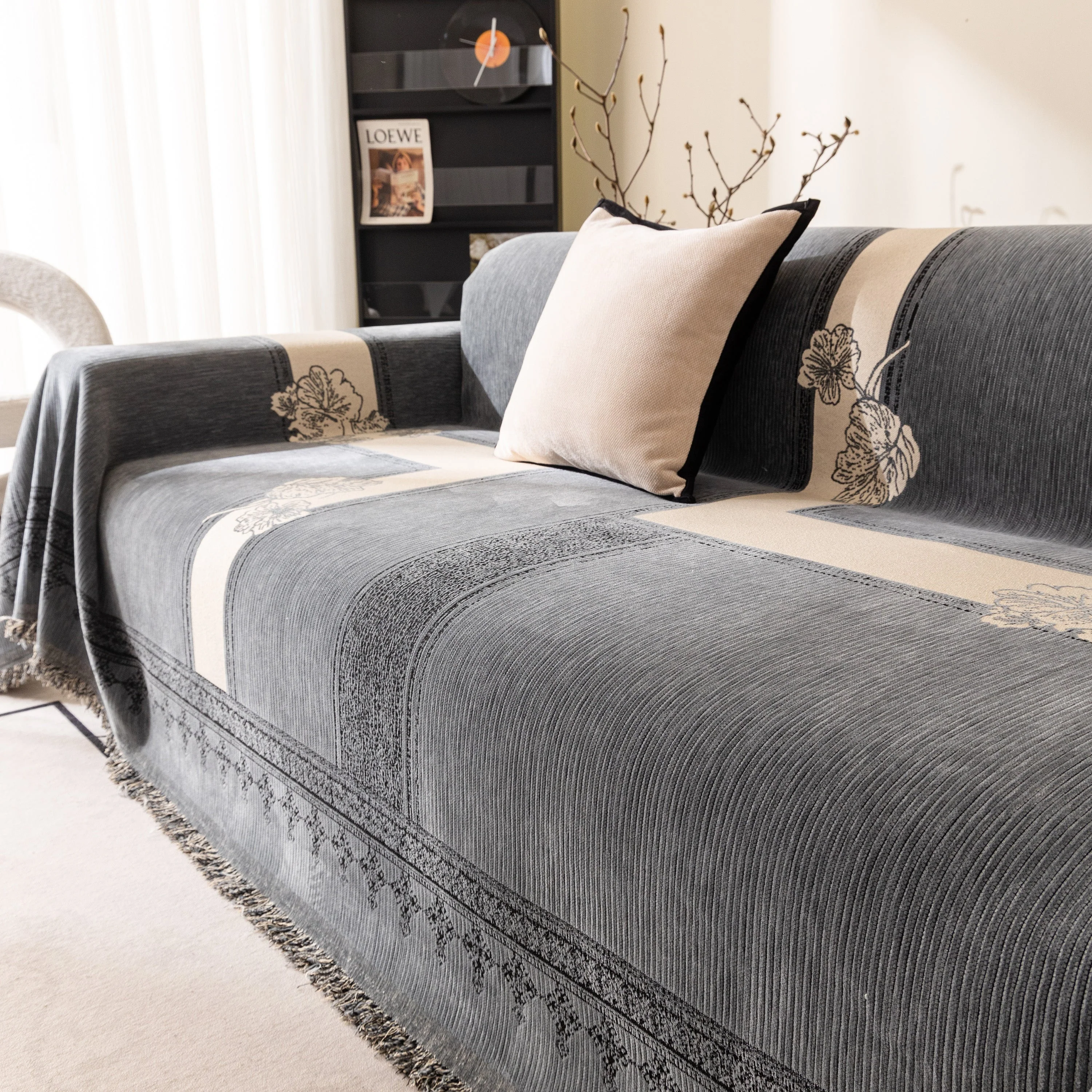 Jacquard Floral Band Sofa Cover with Tassels, Thick Textured Couch Throw Blanket - Image 80