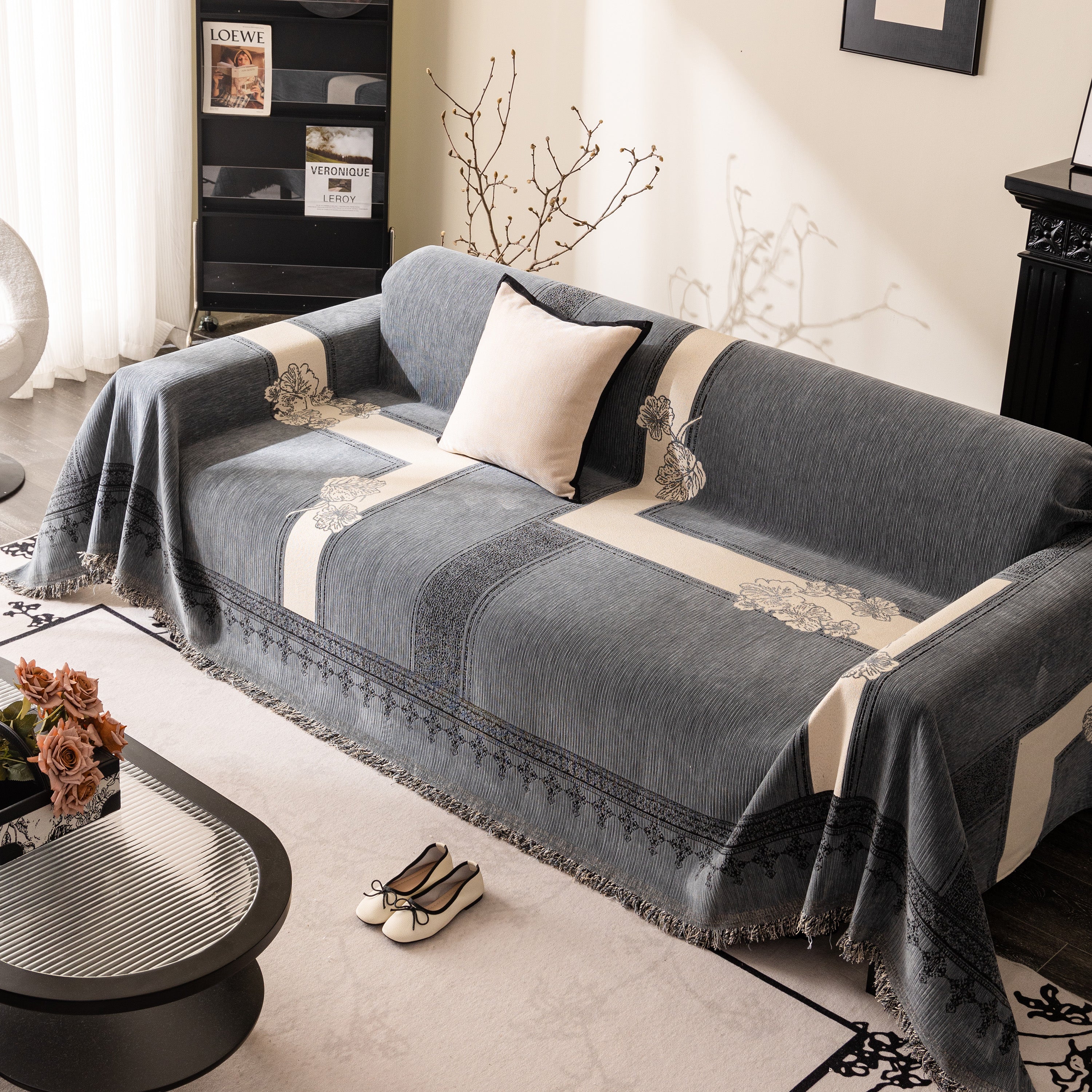 Jacquard Floral Band Sofa Cover with Tassels, Thick Textured Couch Throw Blanket - Image 82