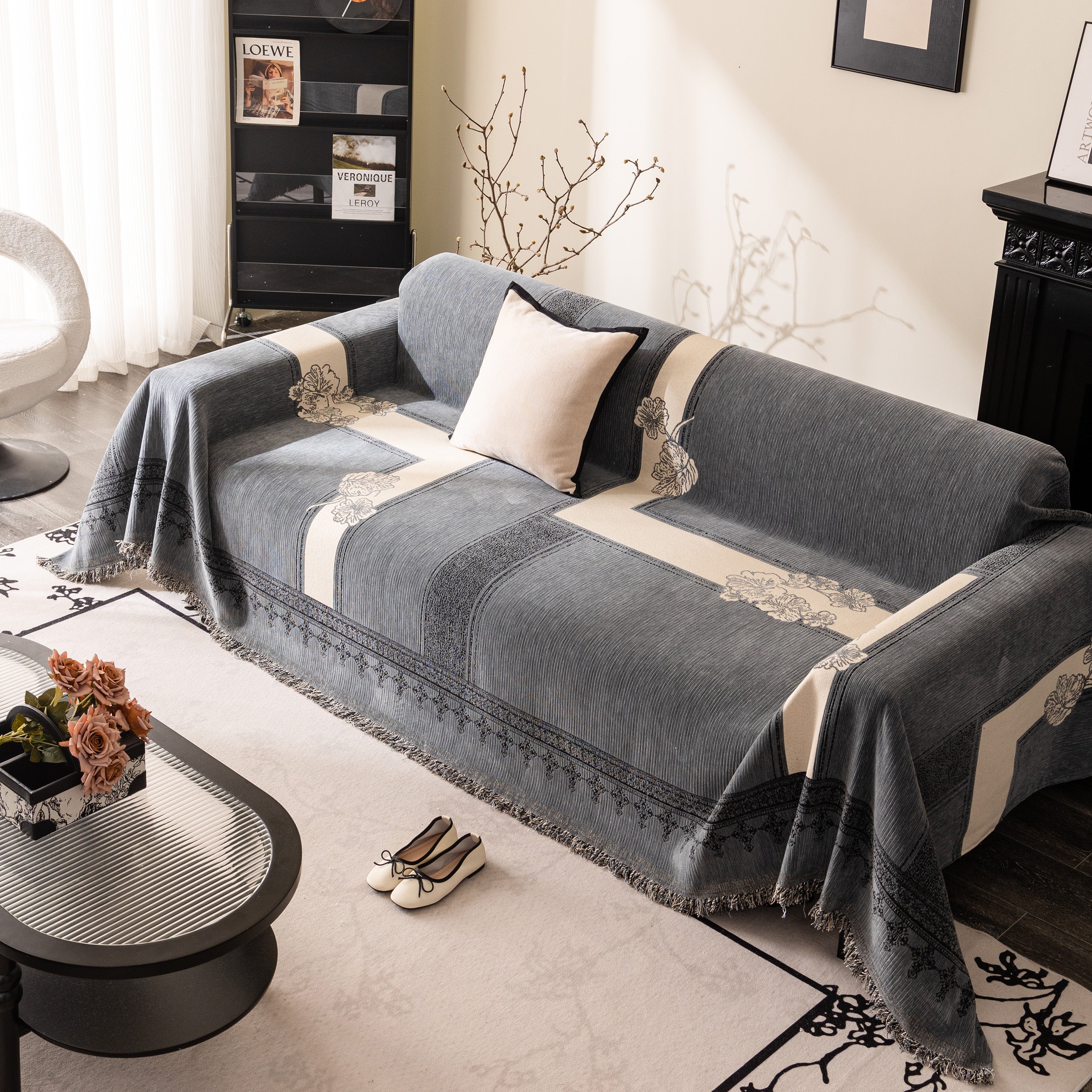 Jacquard Floral Band Sofa Cover with Tassels, Thick Textured Couch Throw Blanket - Image 83