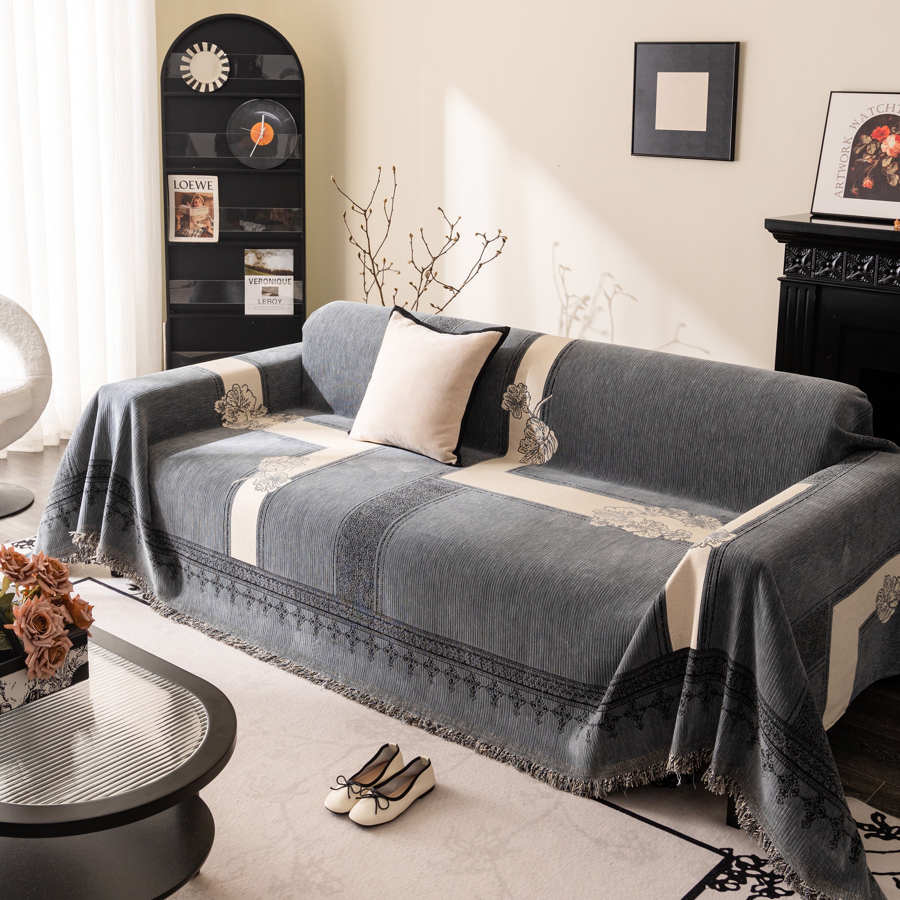 Jacquard Floral Band Sofa Cover with Tassels, Thick Textured Couch Throw Blanket - Image 87