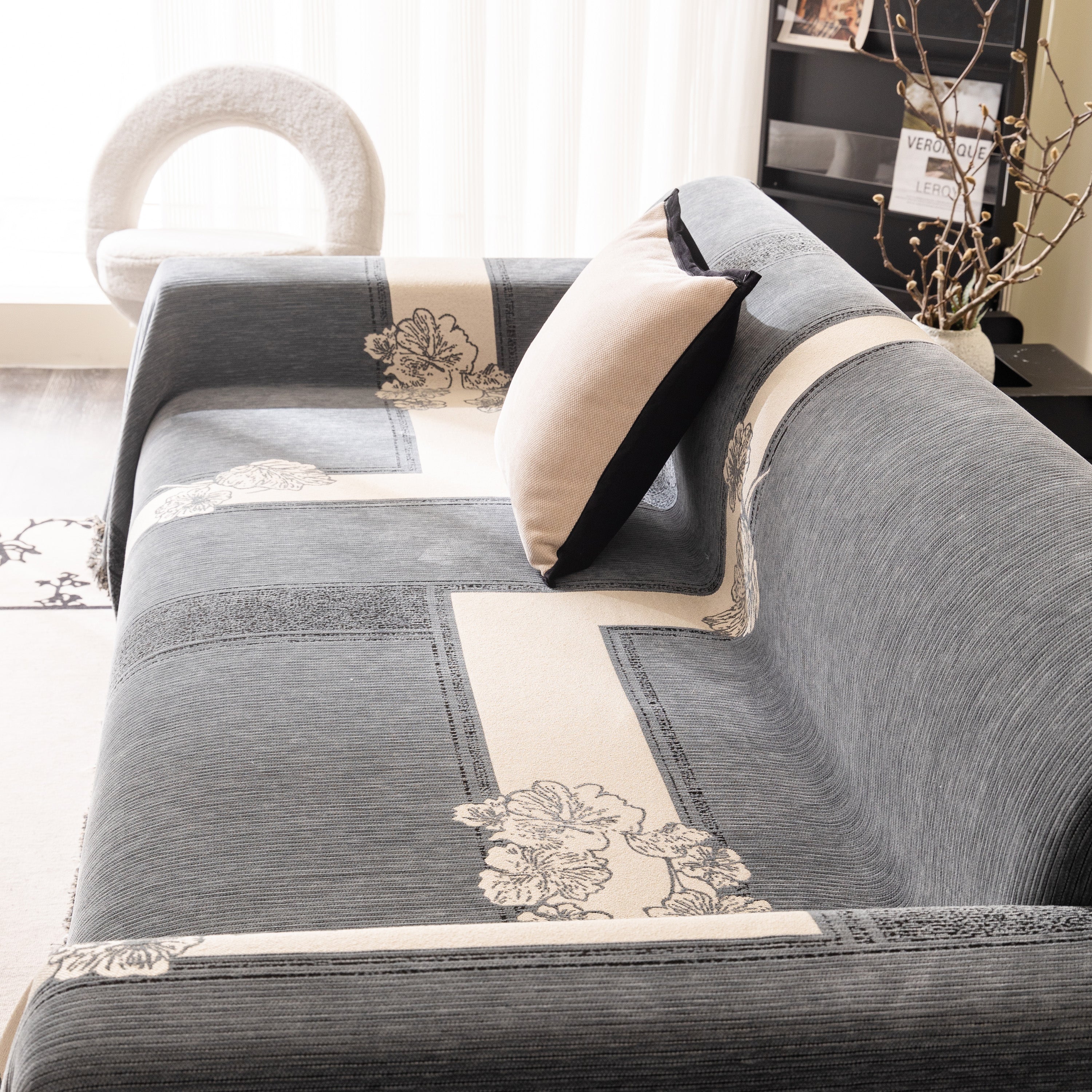 Jacquard Floral Band Sofa Cover with Tassels, Thick Textured Couch Throw Blanket - Image 89