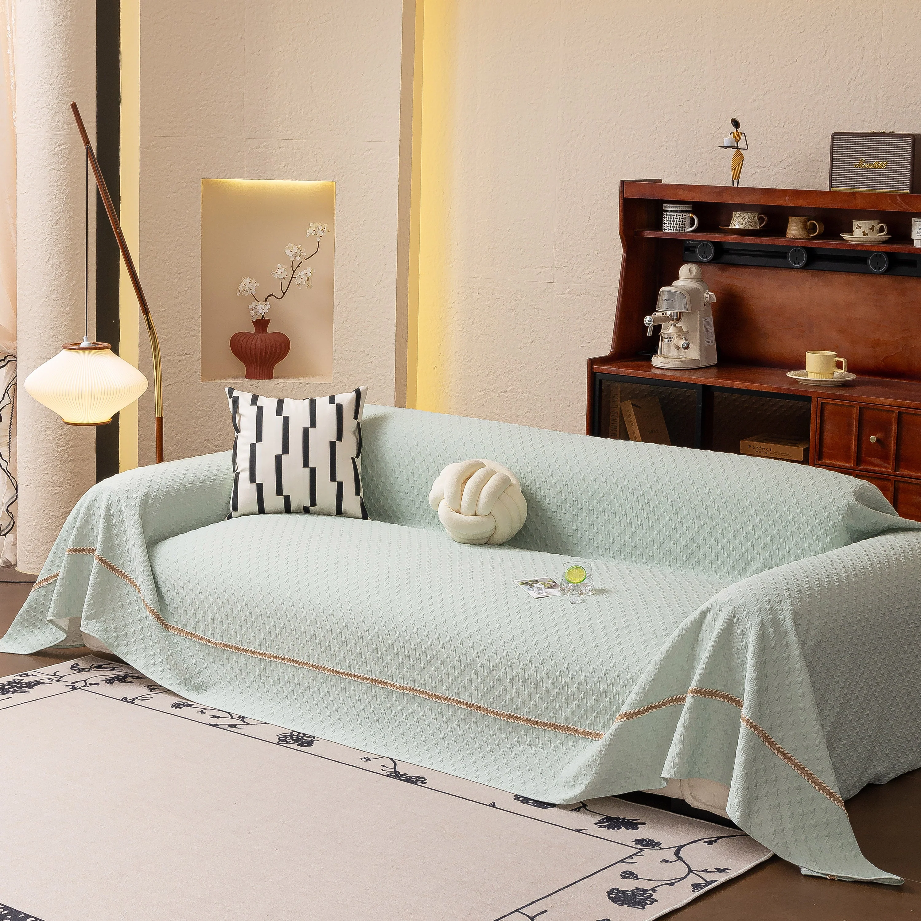 Jacquard Ice Silk Sofa Throw Cover with Gold Trim, Summer Cooling Couch Slipcover - Image 2