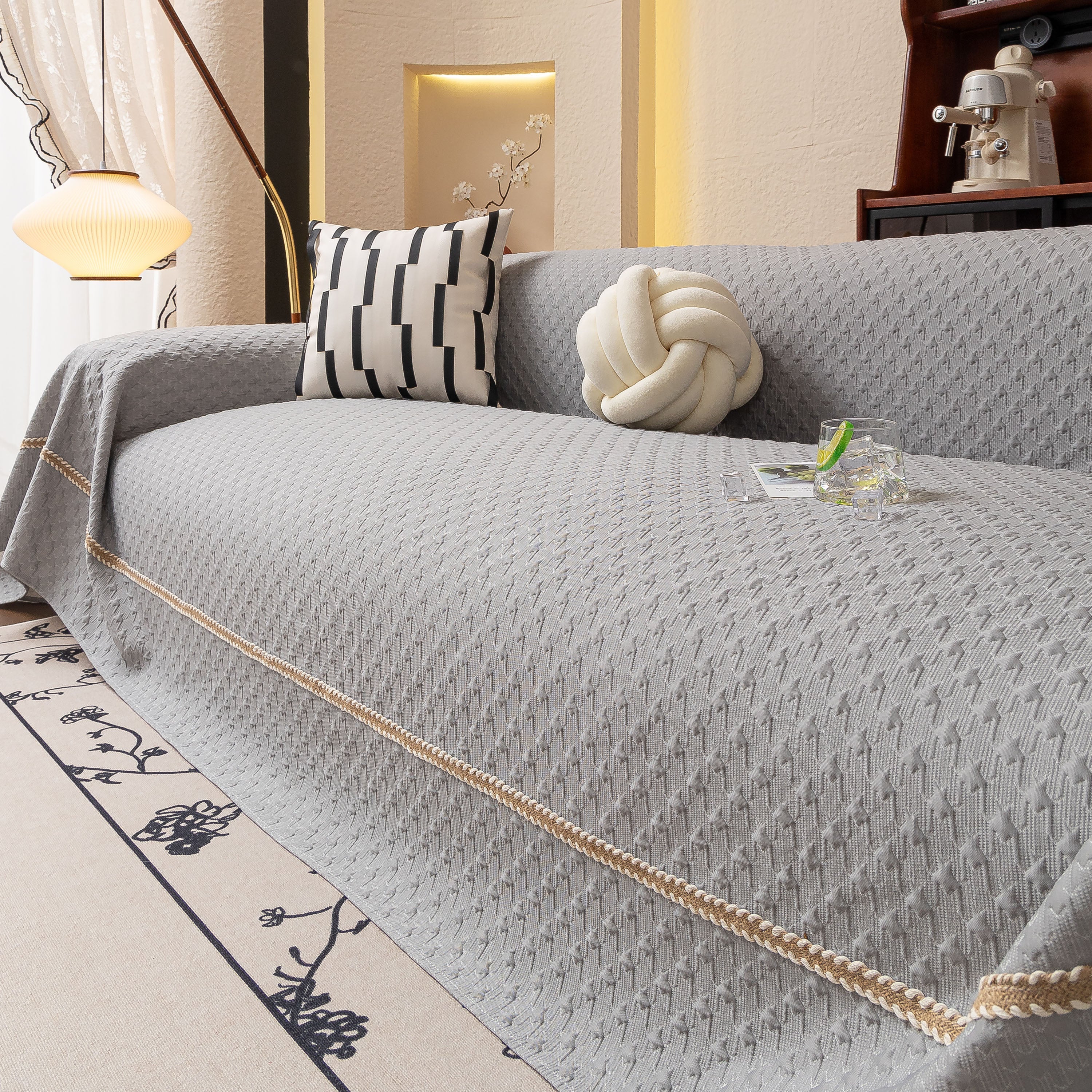 Jacquard Ice Silk Sofa Throw Cover with Gold Trim, Summer Cooling Couch Slipcover - Image 24