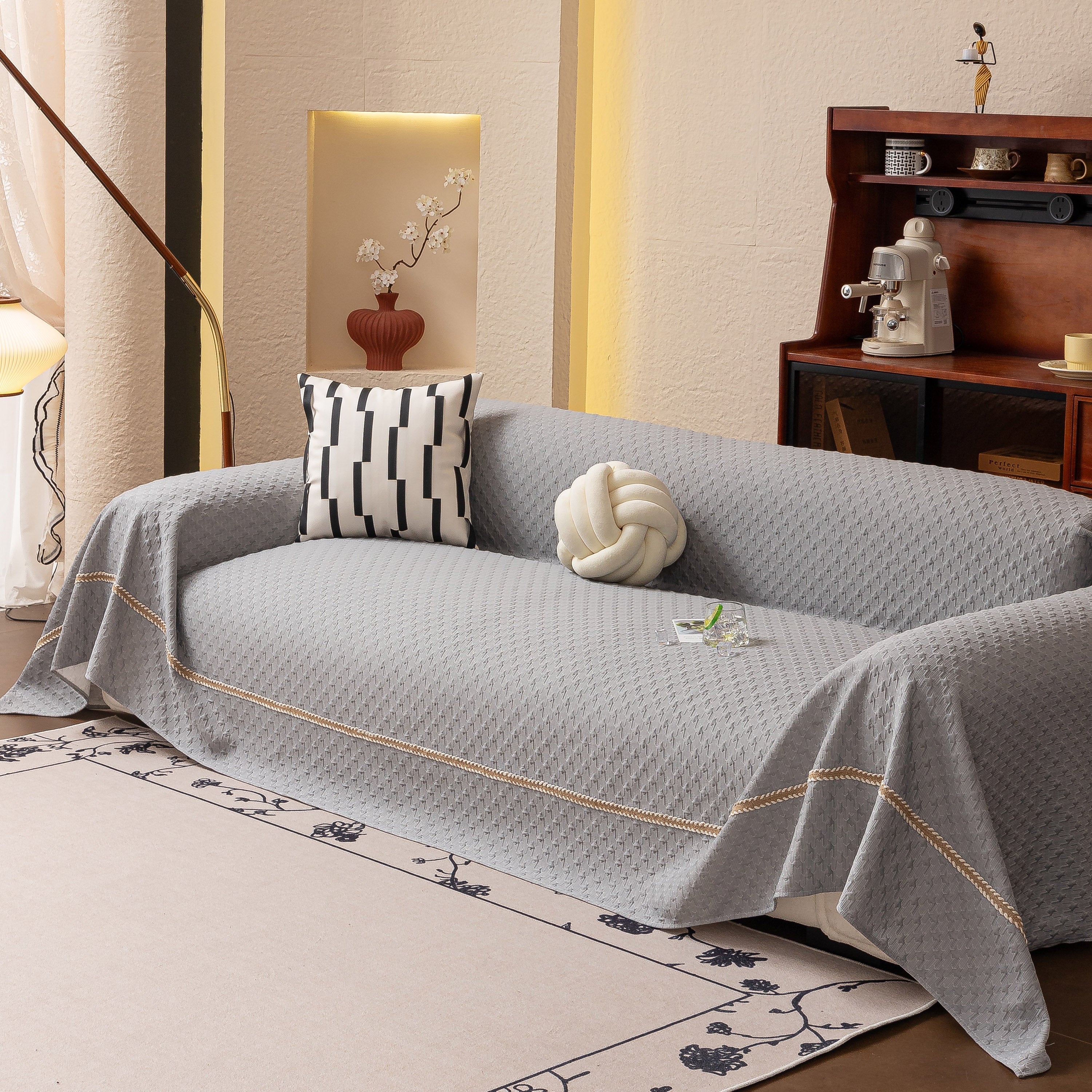 Jacquard Ice Silk Sofa Throw Cover with Gold Trim, Summer Cooling Couch Slipcover - Image 29