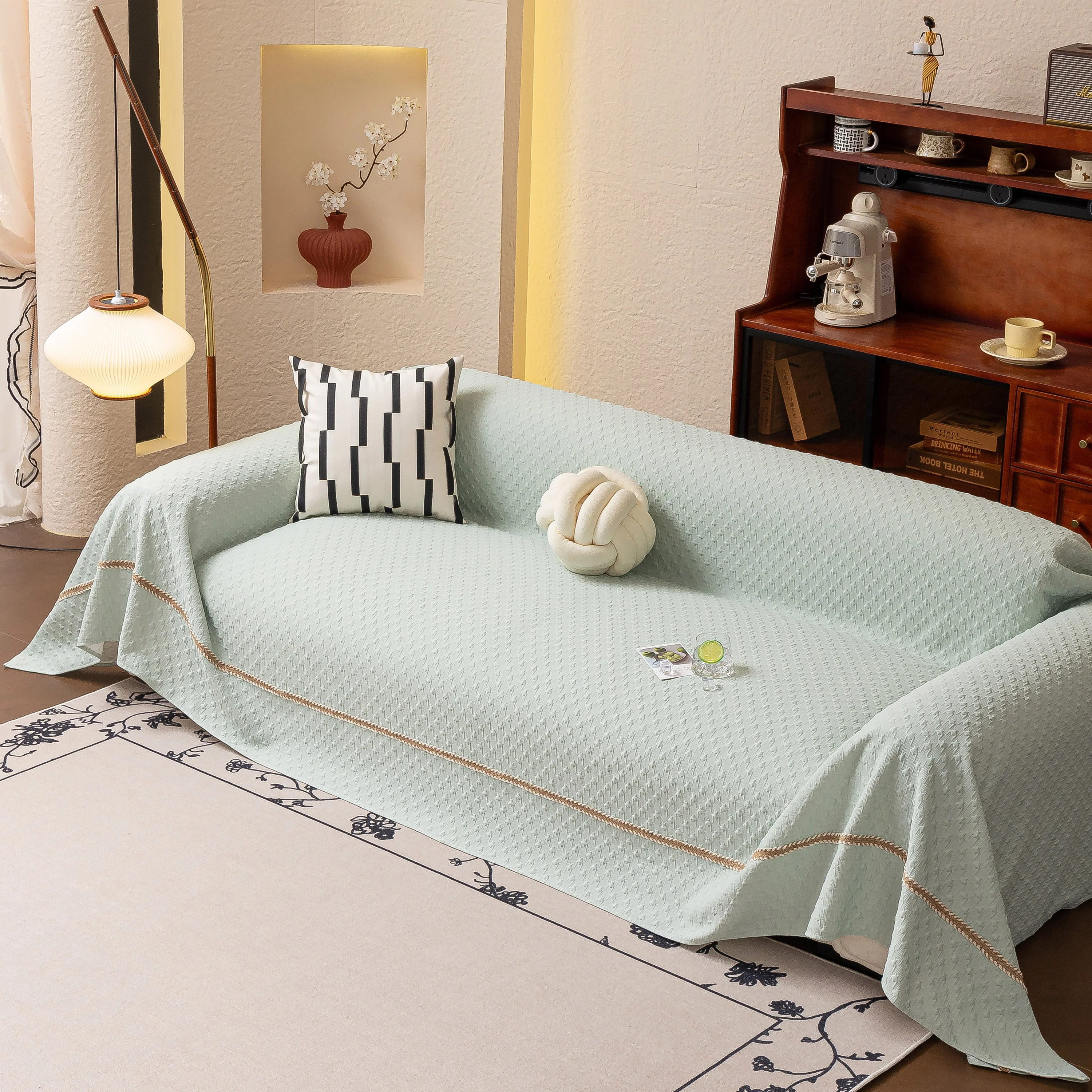 Jacquard Ice Silk Sofa Throw Cover with Gold Trim, Summer Cooling Couch Slipcover - Image 3