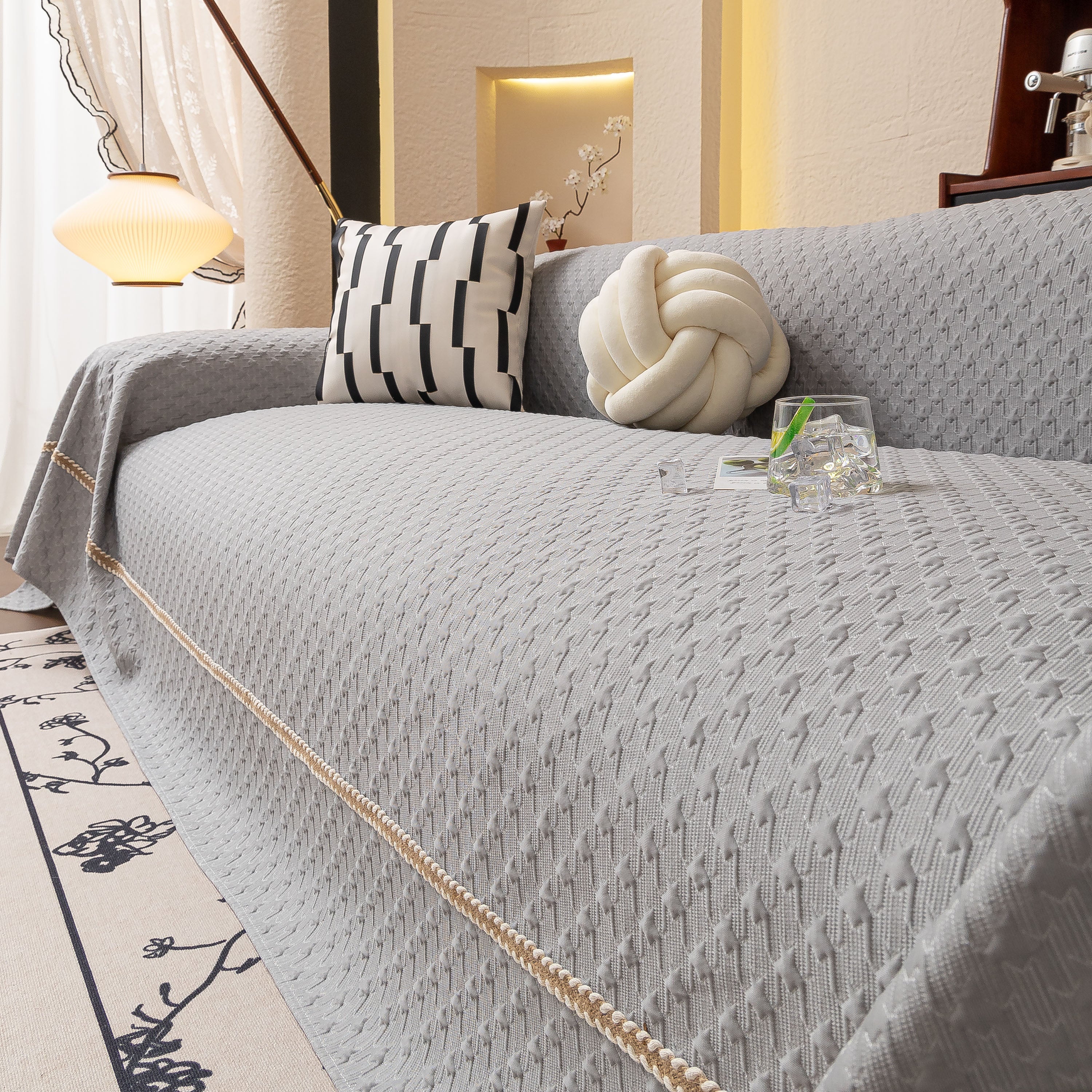 Jacquard Ice Silk Sofa Throw Cover with Gold Trim, Summer Cooling Couch Slipcover - Image 36