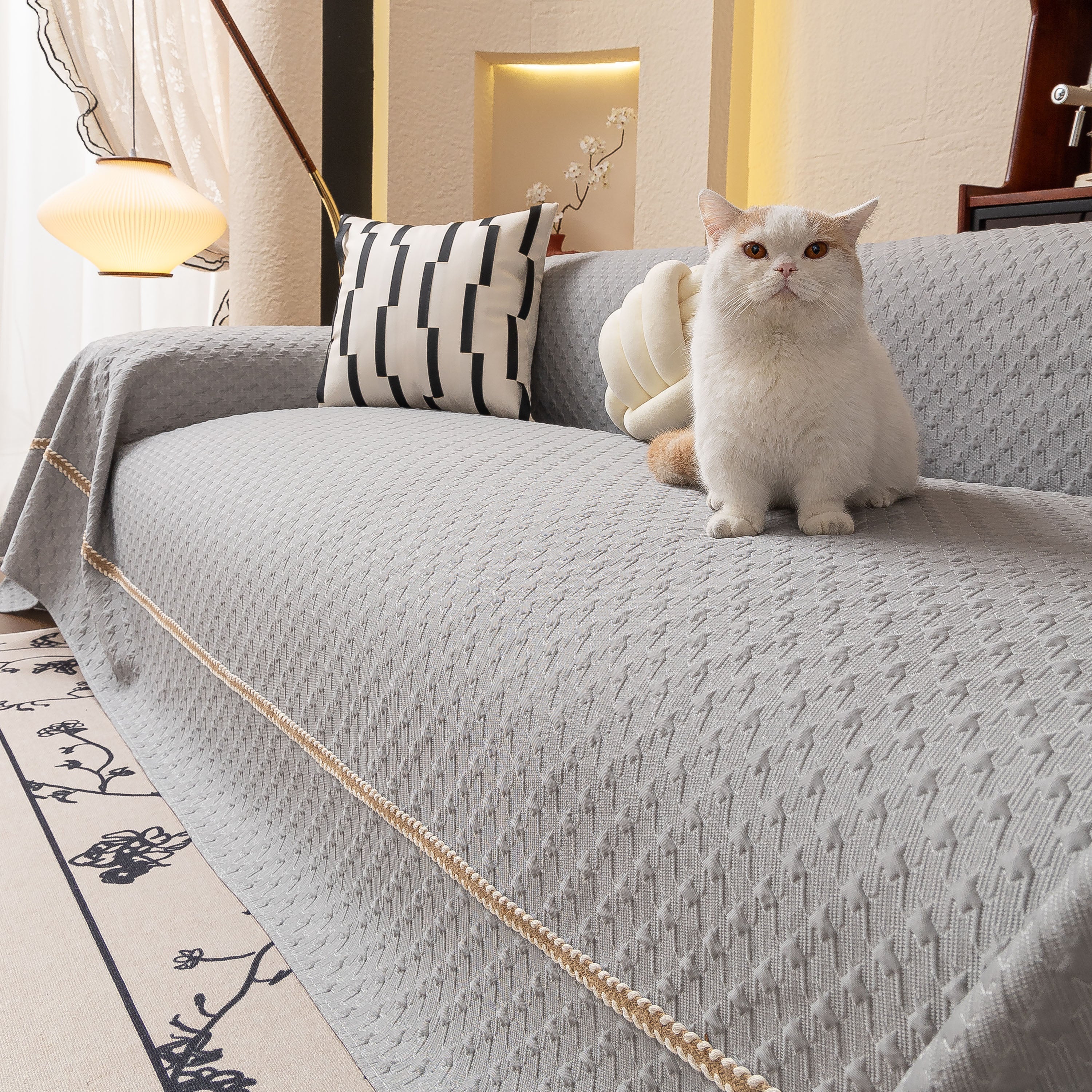 Jacquard Ice Silk Sofa Throw Cover with Gold Trim, Summer Cooling Couch Slipcover - Image 37
