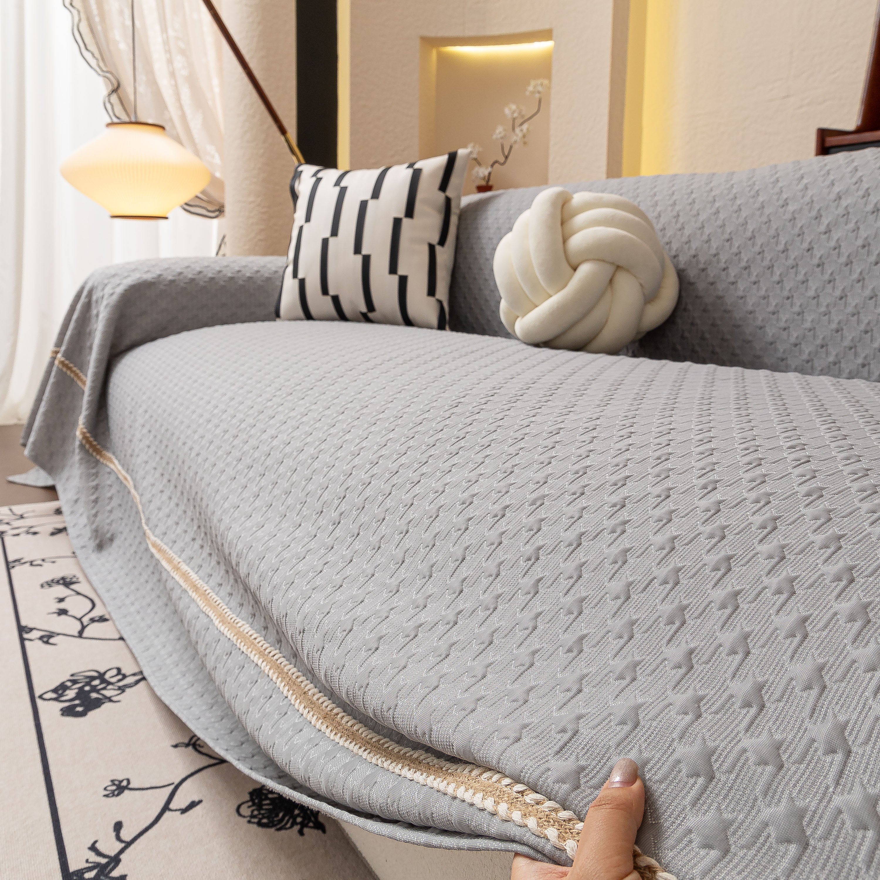 Jacquard Ice Silk Sofa Throw Cover with Gold Trim, Summer Cooling Couch Slipcover - Image 39