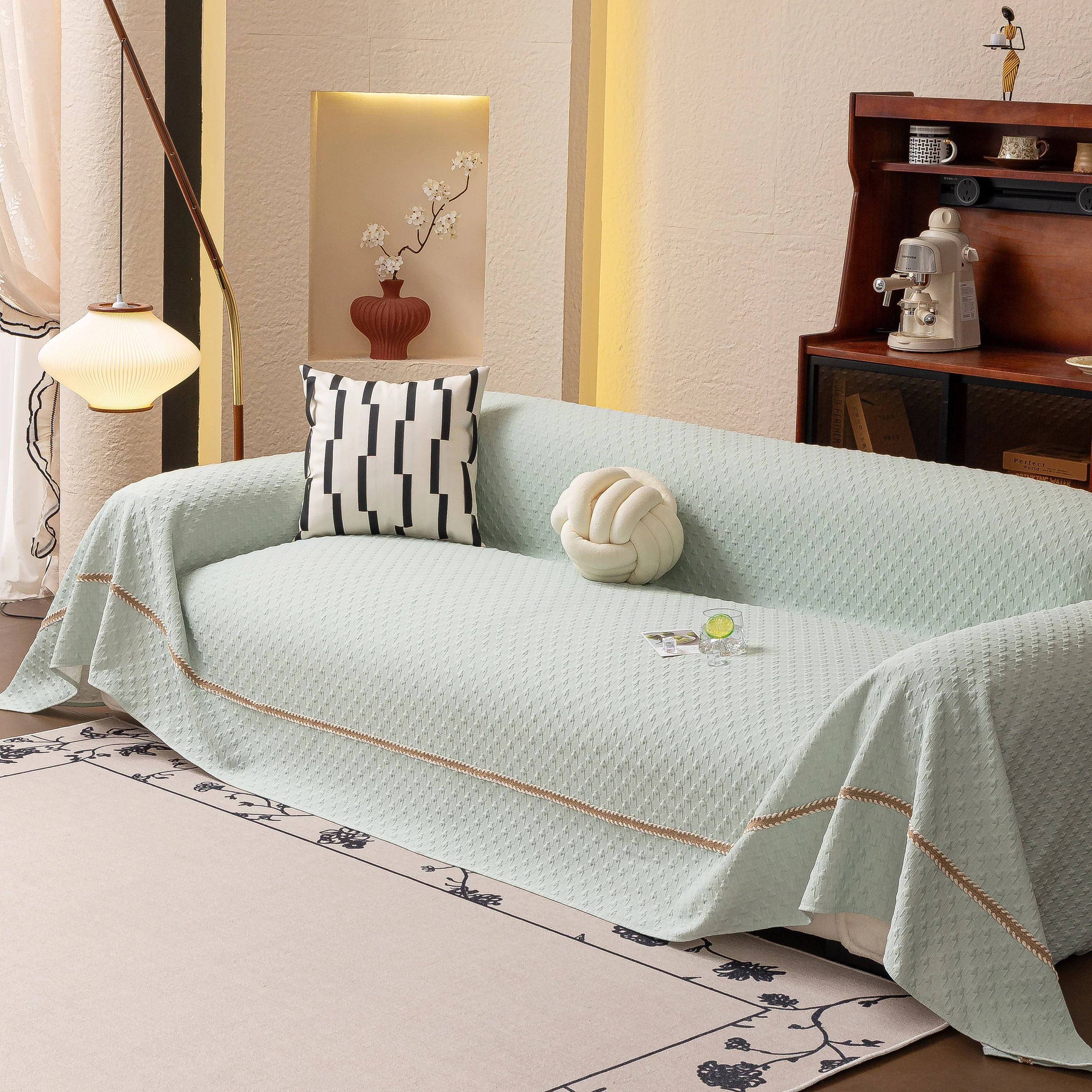 Jacquard Ice Silk Sofa Throw Cover with Gold Trim, Summer Cooling Couch Slipcover - Image 4