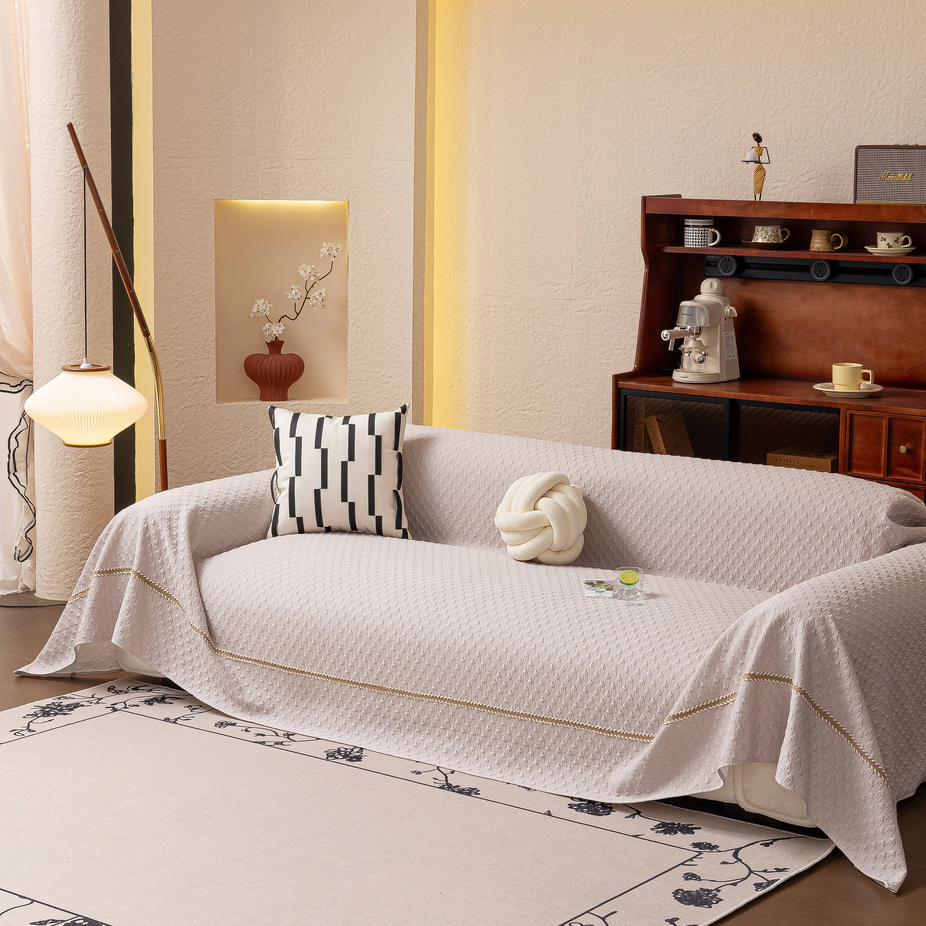Jacquard Ice Silk Sofa Throw Cover with Gold Trim, Summer Cooling Couch Slipcover - Image 45