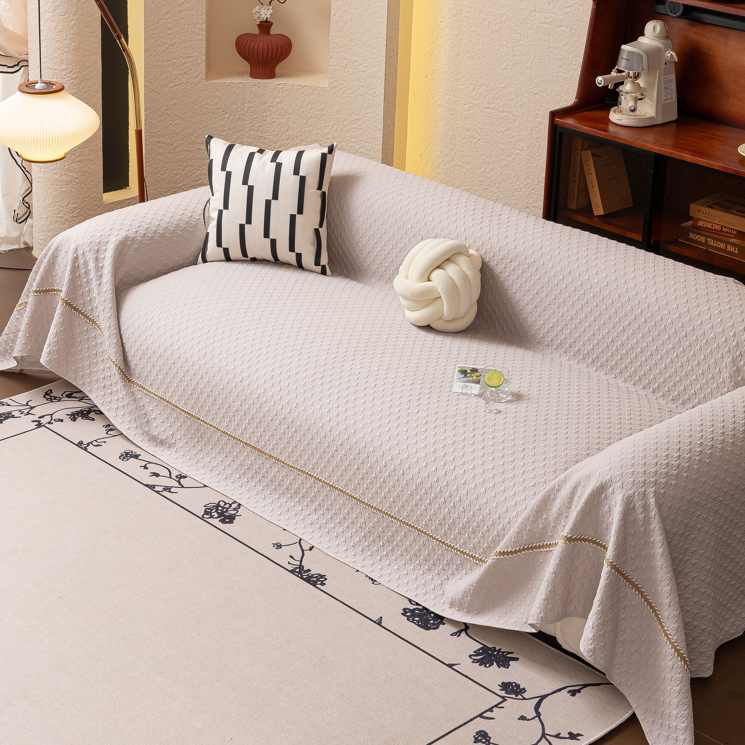 Jacquard Ice Silk Sofa Throw Cover with Gold Trim, Summer Cooling Couch Slipcover - Image 46