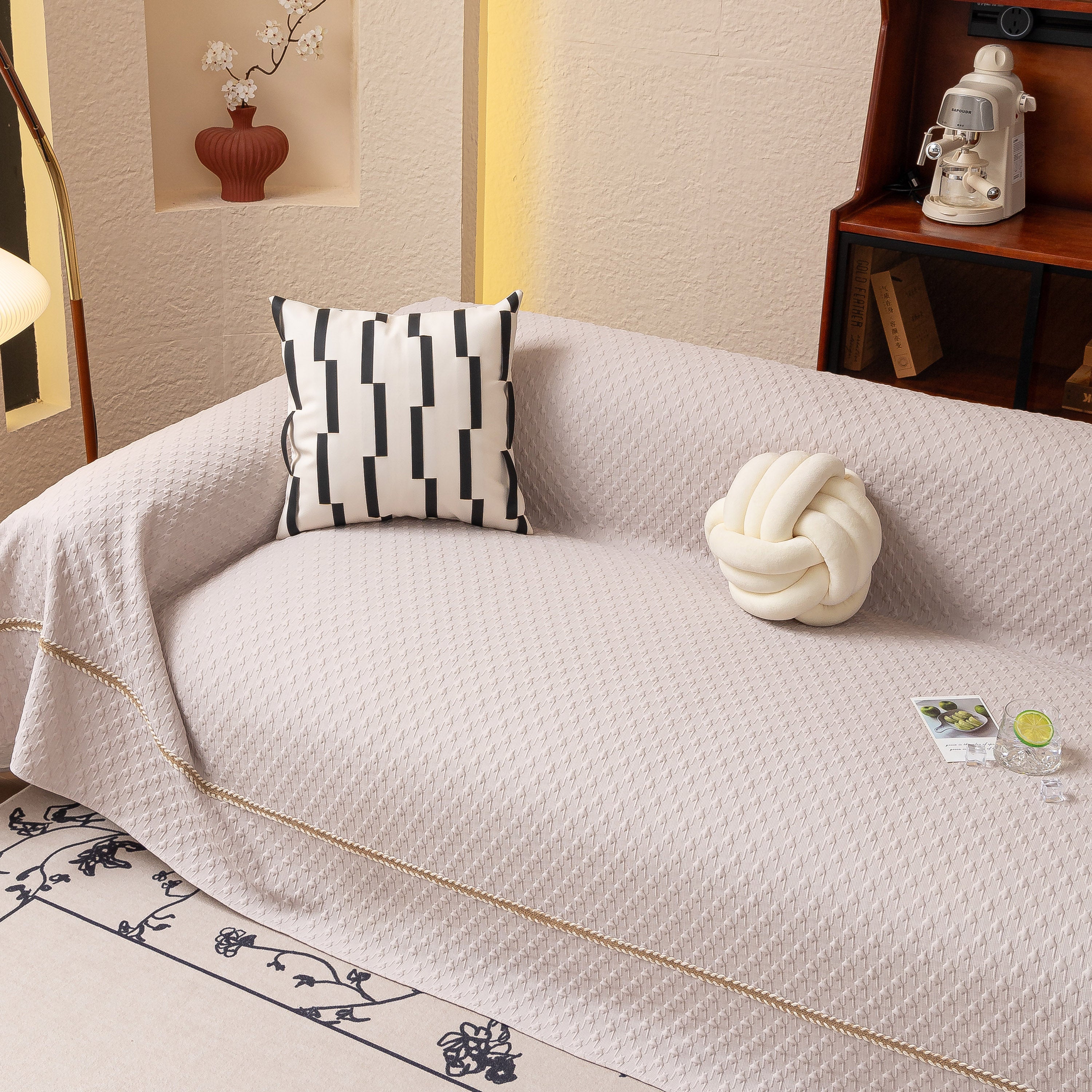 Jacquard Ice Silk Sofa Throw Cover with Gold Trim, Summer Cooling Couch Slipcover - Image 47