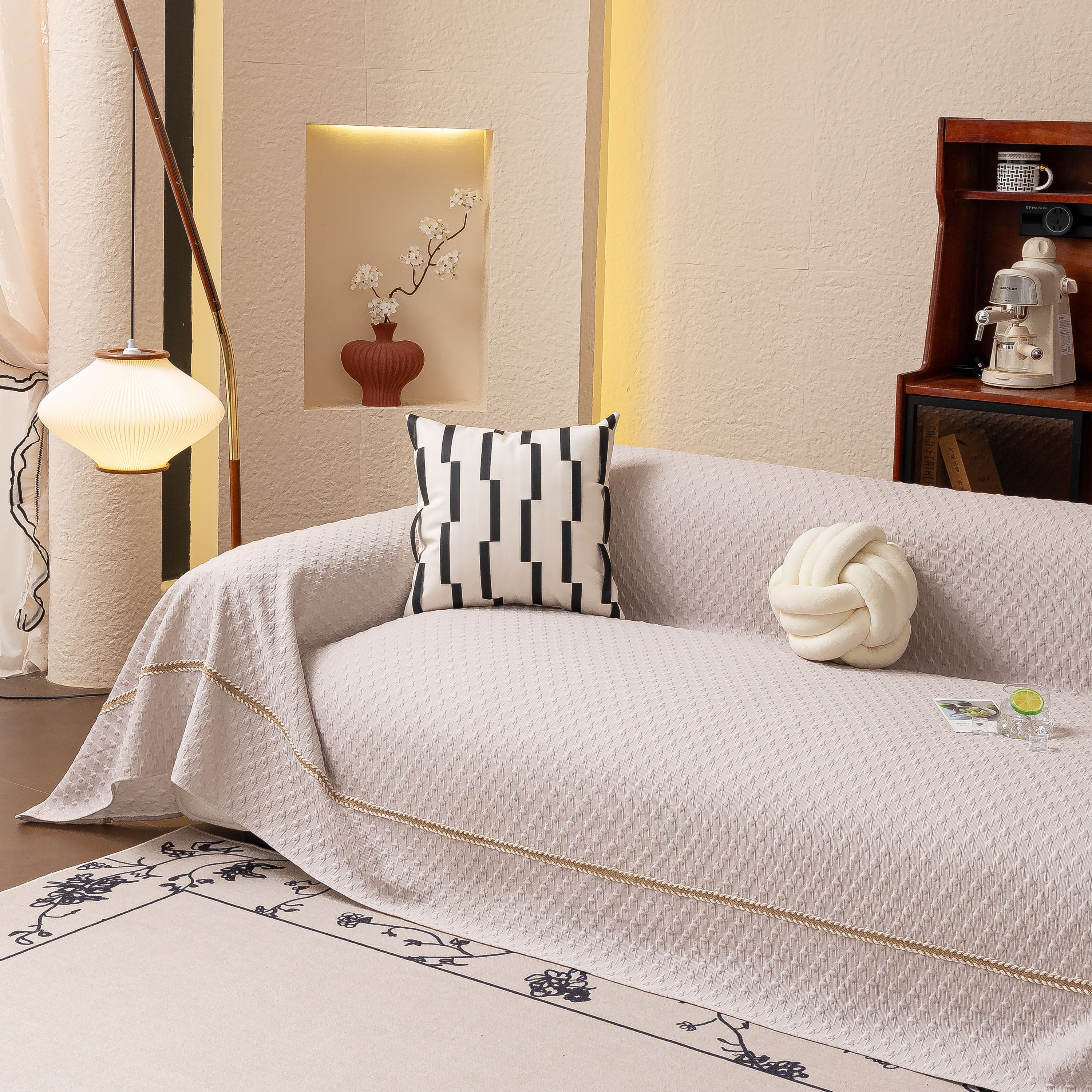 Jacquard Ice Silk Sofa Throw Cover with Gold Trim, Summer Cooling Couch Slipcover - Image 50