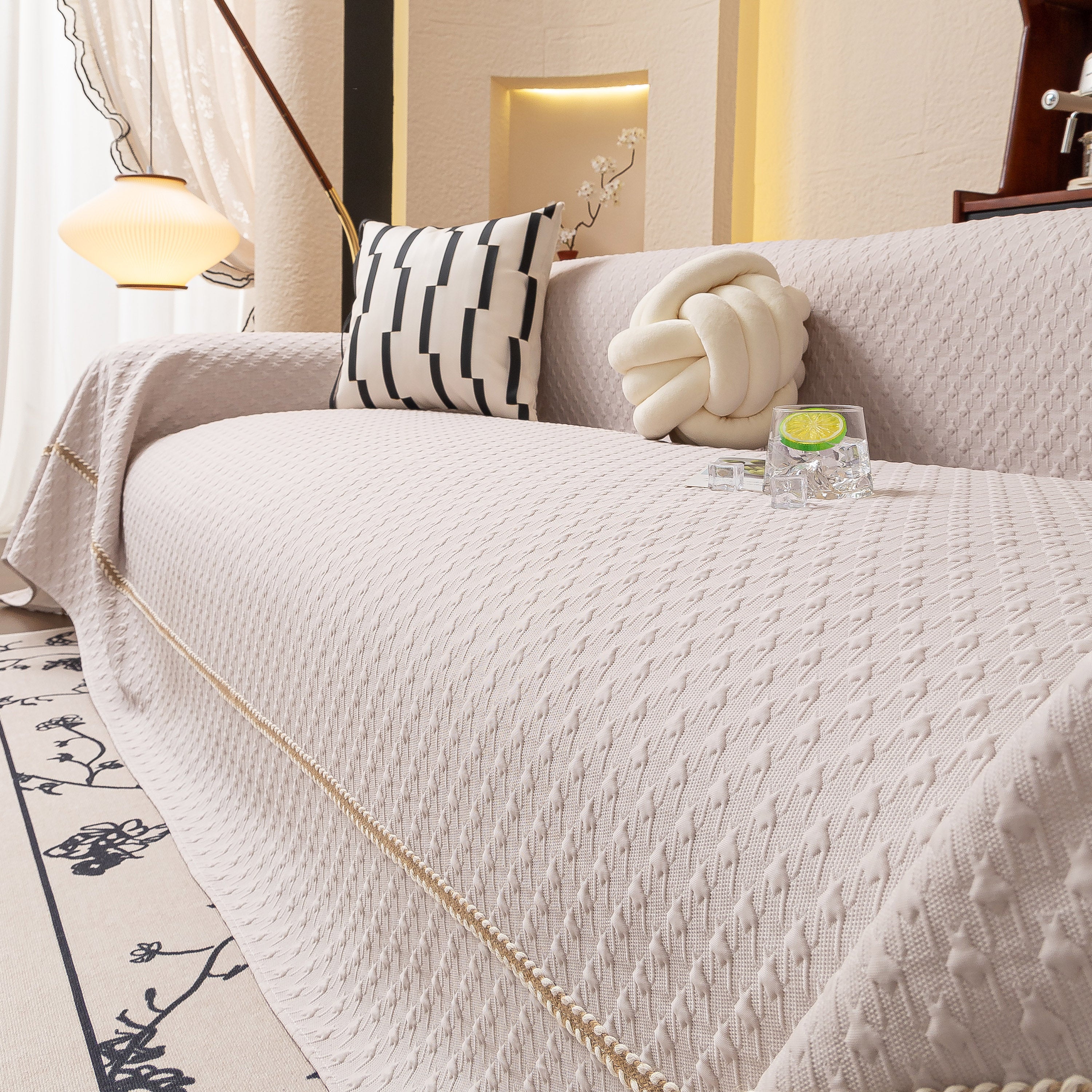Jacquard Ice Silk Sofa Throw Cover with Gold Trim, Summer Cooling Couch Slipcover - Image 52