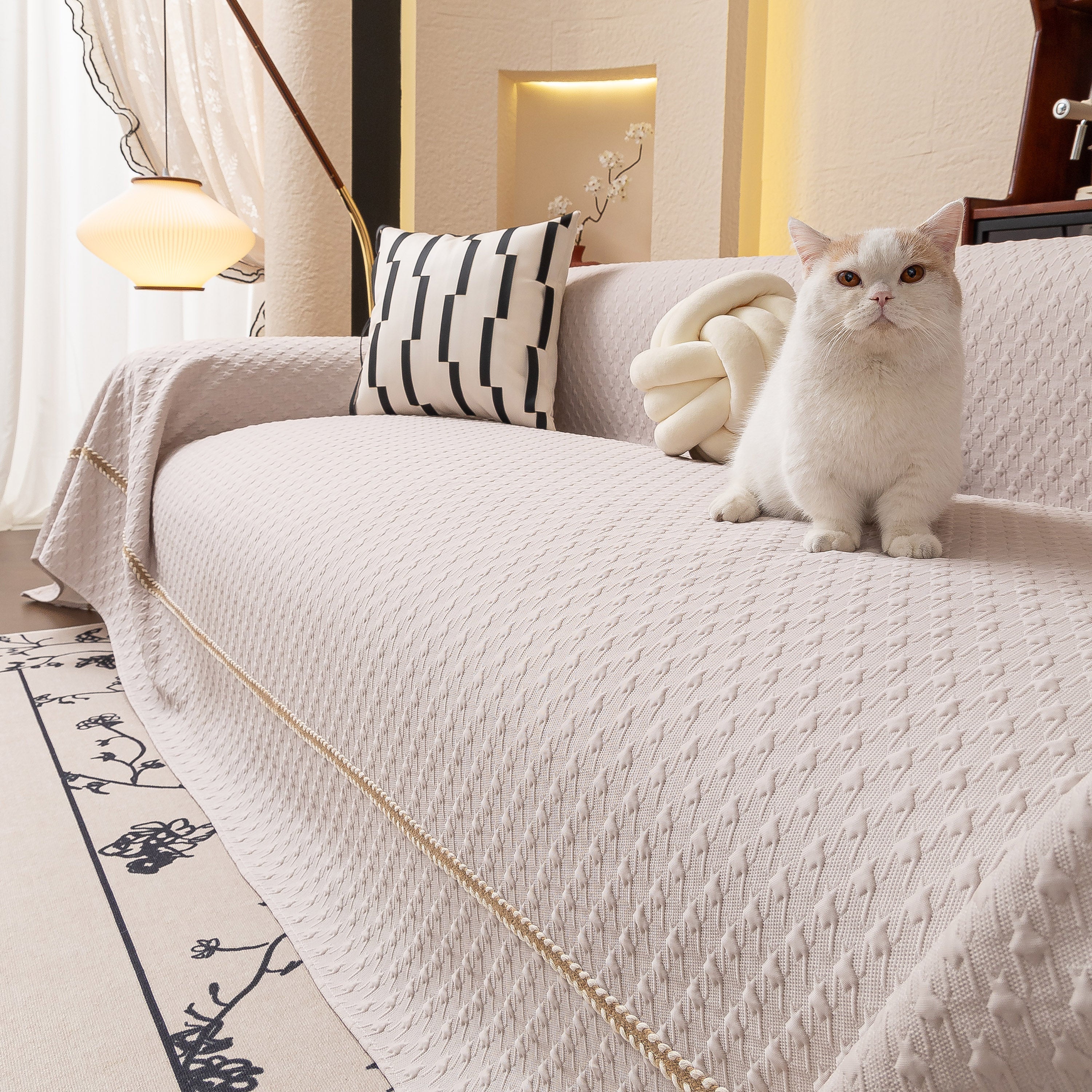 Jacquard Ice Silk Sofa Throw Cover with Gold Trim, Summer Cooling Couch Slipcover - Image 53