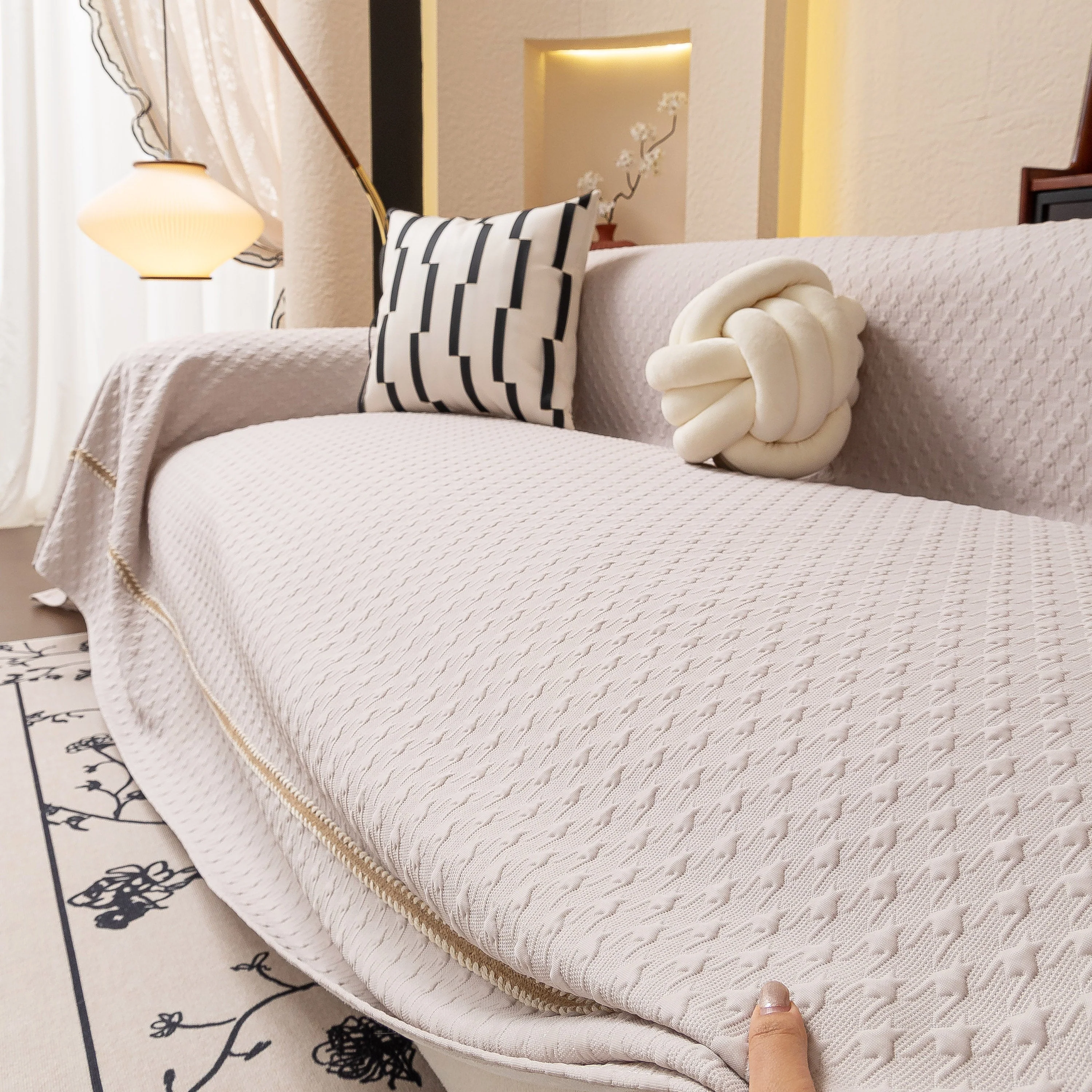 Jacquard Ice Silk Sofa Throw Cover with Gold Trim, Summer Cooling Couch Slipcover - Image 56