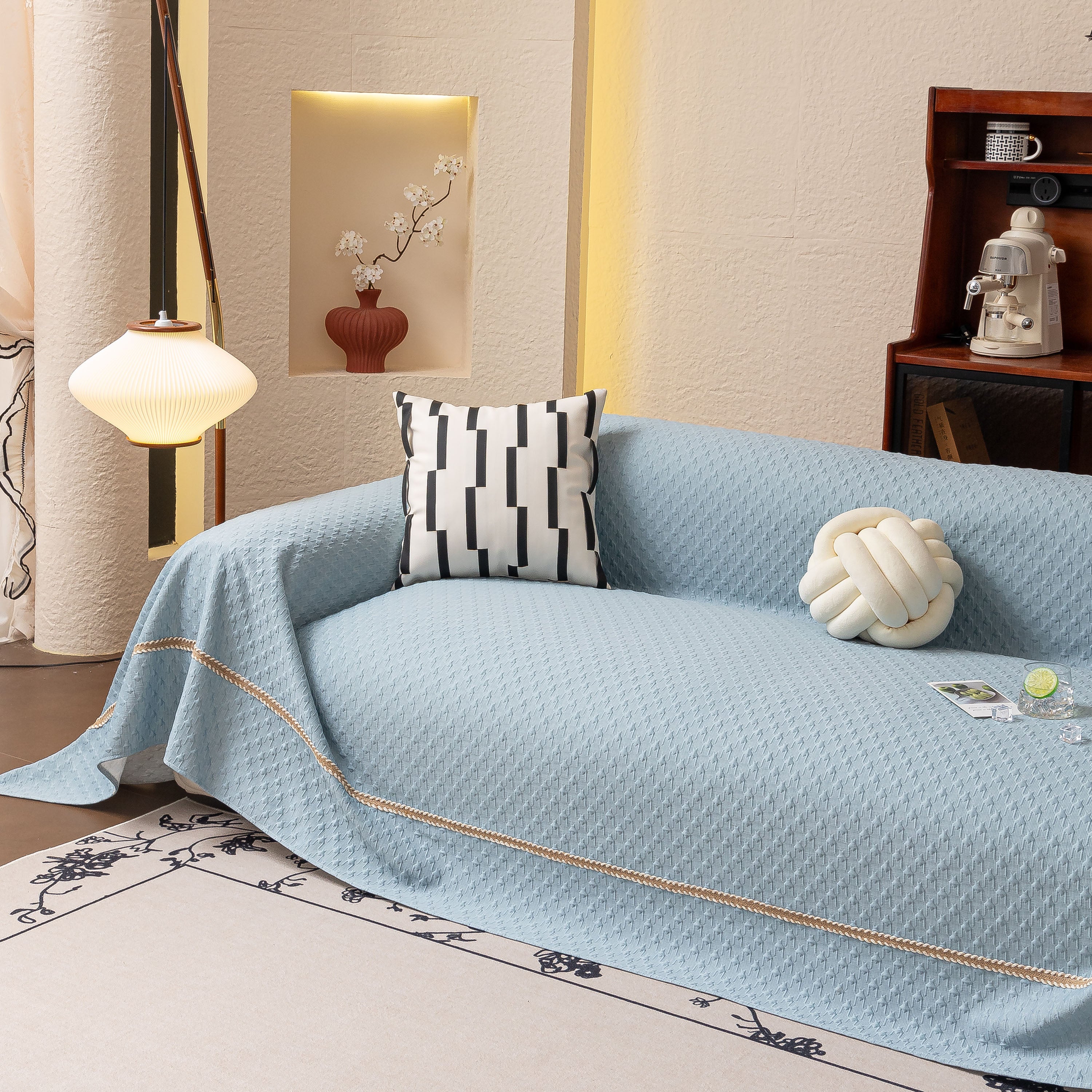 Jacquard Ice Silk Sofa Throw Cover with Gold Trim, Summer Cooling Couch Slipcover - Image 67