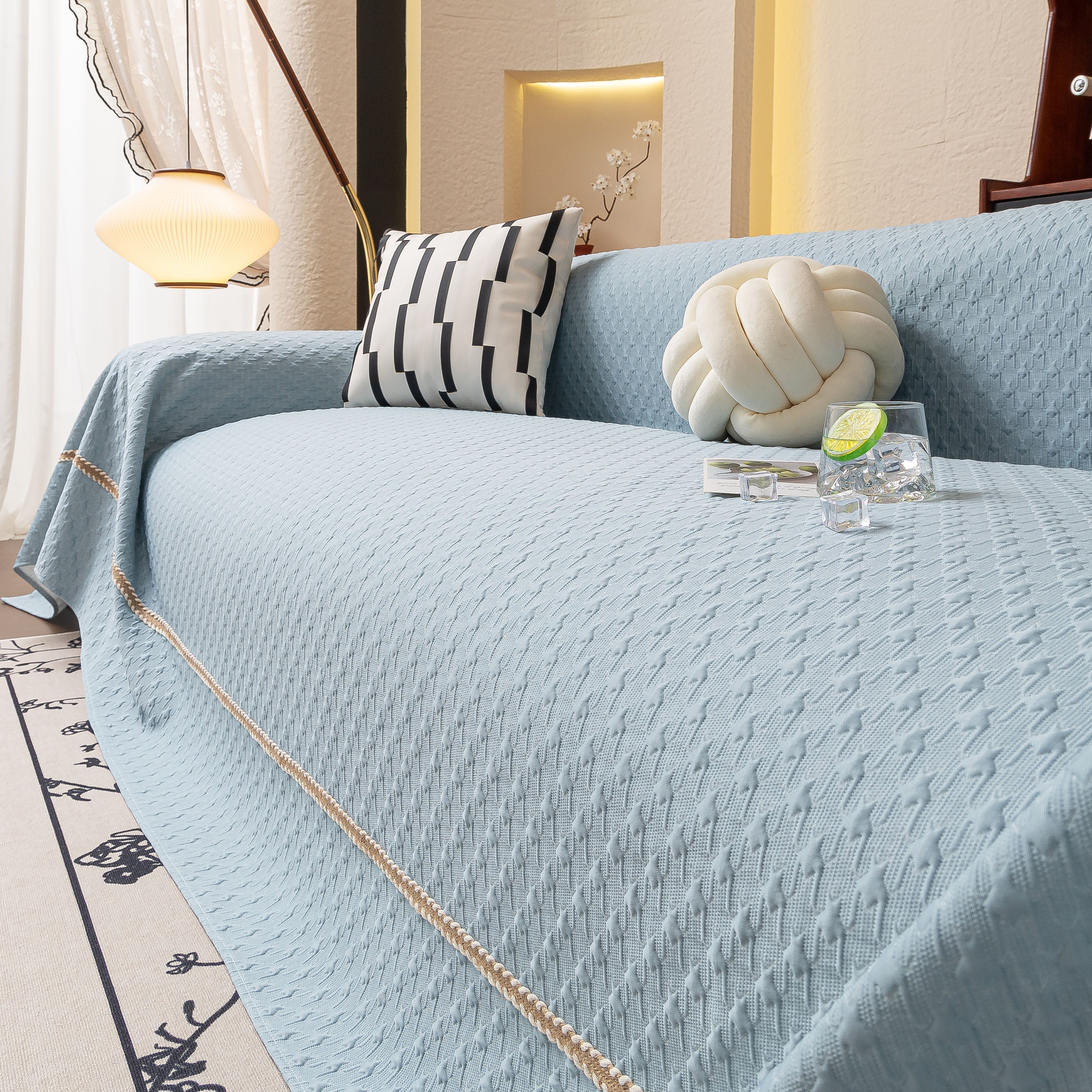 Jacquard Ice Silk Sofa Throw Cover with Gold Trim, Summer Cooling Couch Slipcover - Image 69