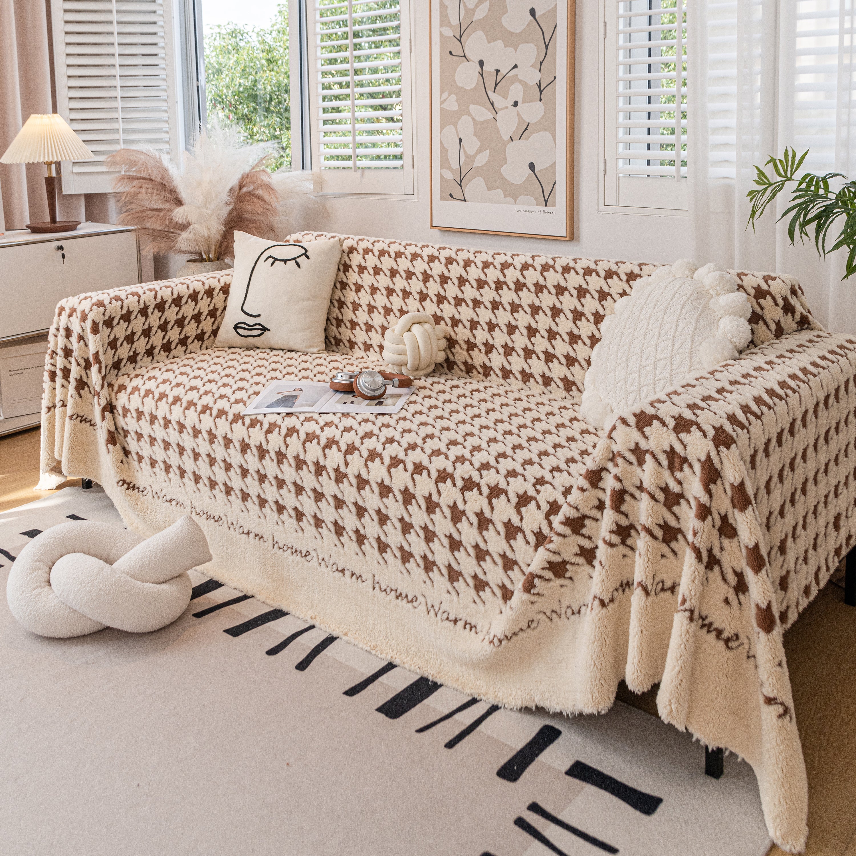 Jacquard Plush Houndstooth Sofa Throw Cover, Cover Throws for Sofas, Stylish Living Room Throws - Image 13