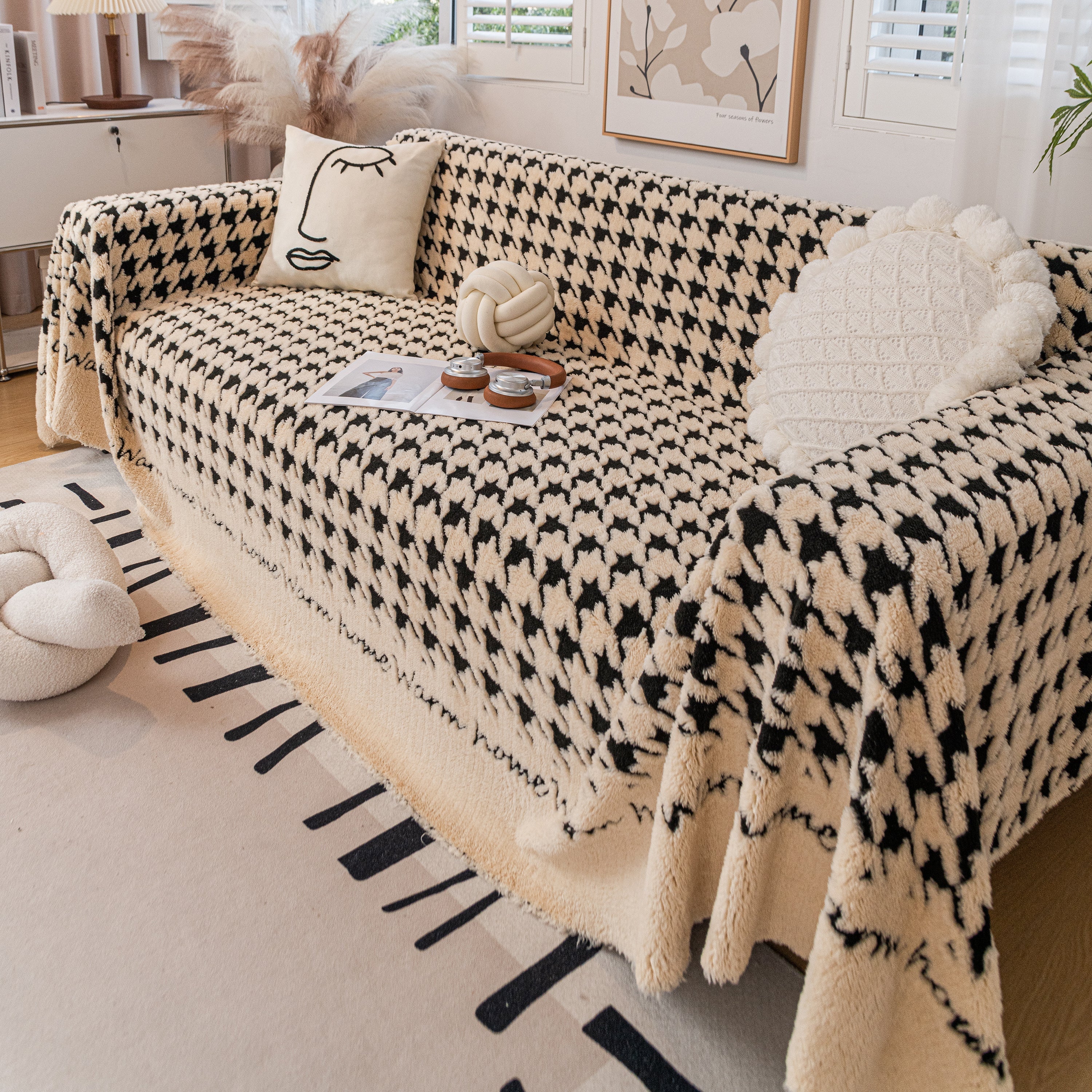 Jacquard Plush Houndstooth Sofa Throw Cover, Cover Throws for Sofas, Stylish Living Room Throws - Image 24