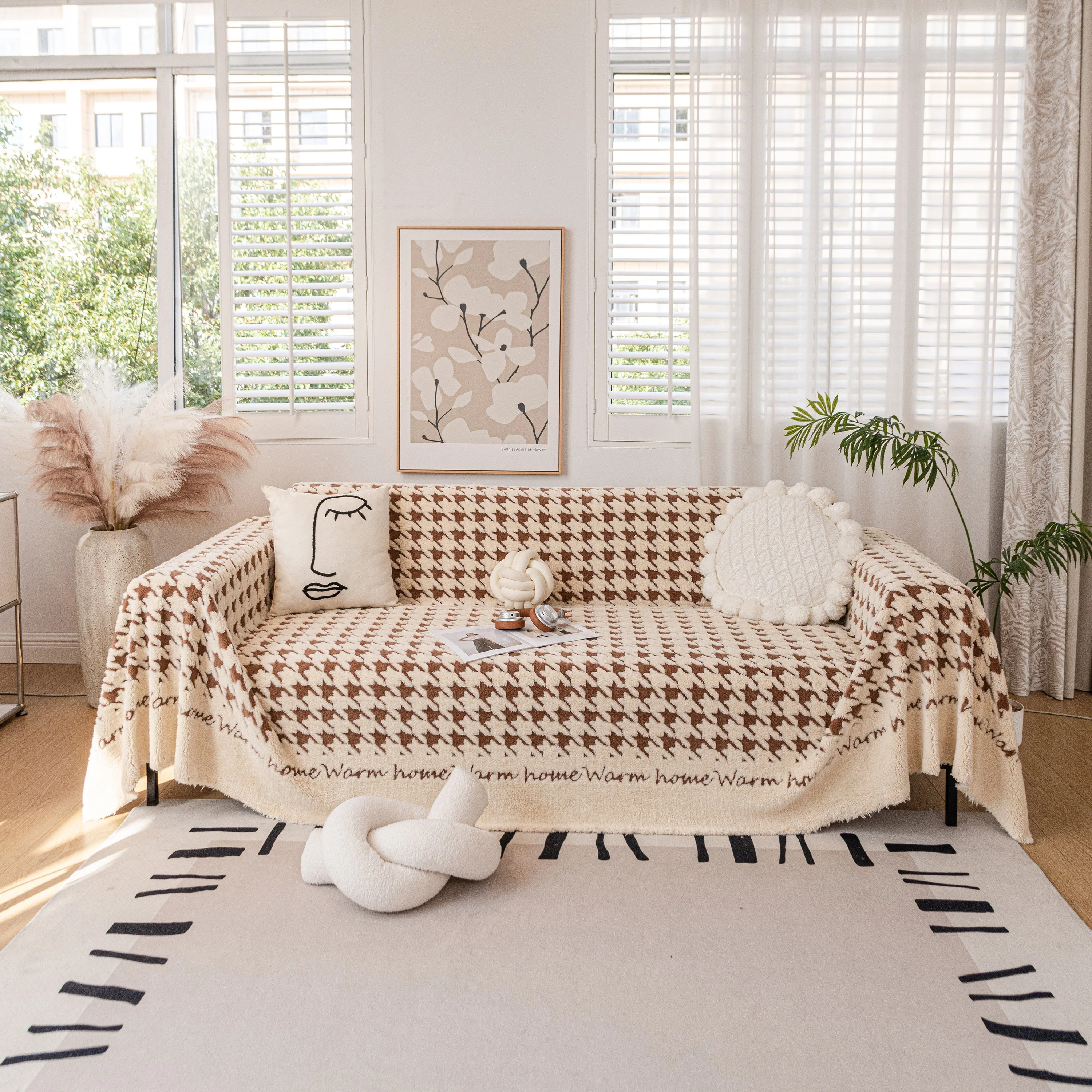 Jacquard Plush Houndstooth Sofa Throw Cover, Cover Throws for Sofas, Stylish Living Room Throws - Image 3