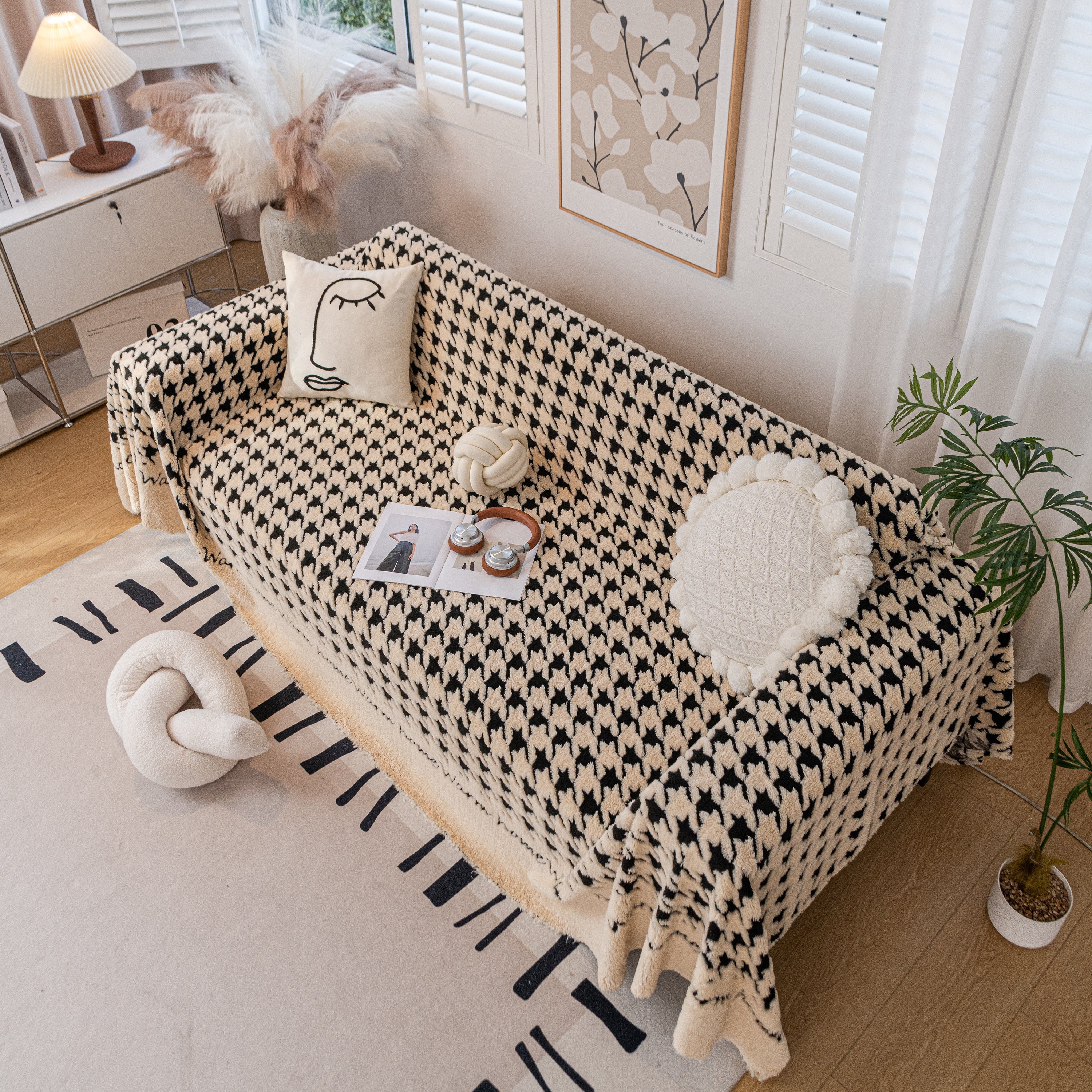 Jacquard Plush Houndstooth Sofa Throw Cover, Cover Throws for Sofas, Stylish Living Room Throws - Image 36