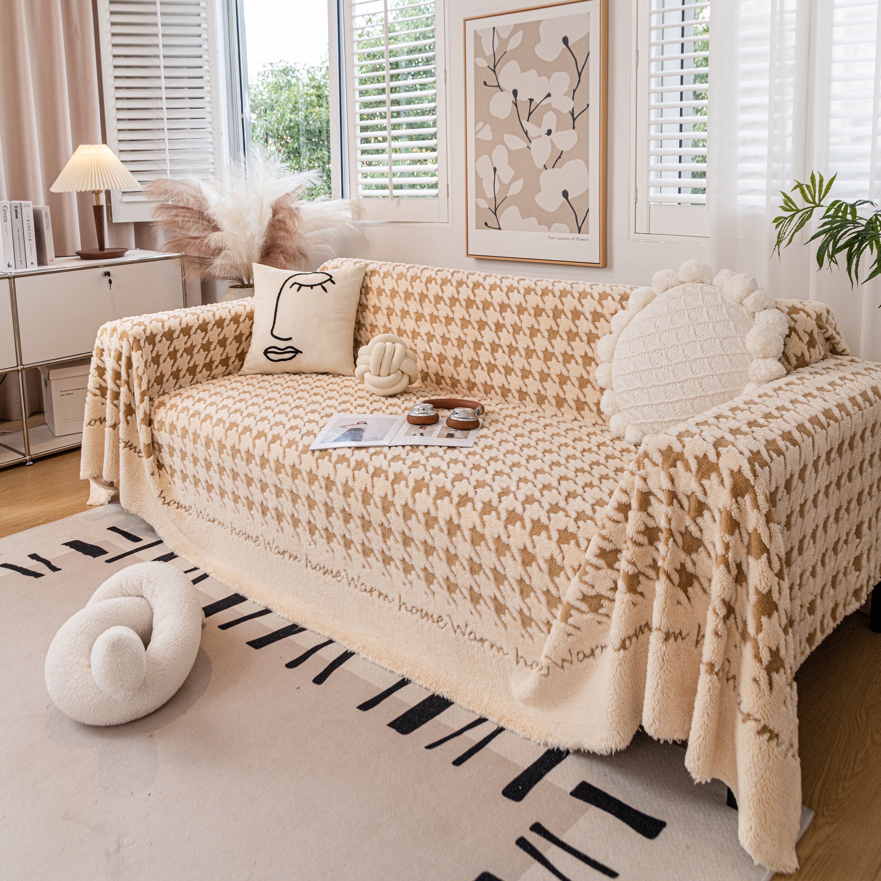 Jacquard Plush Houndstooth Sofa Throw Cover, Cover Throws for Sofas, Stylish Living Room Throws - Image 43