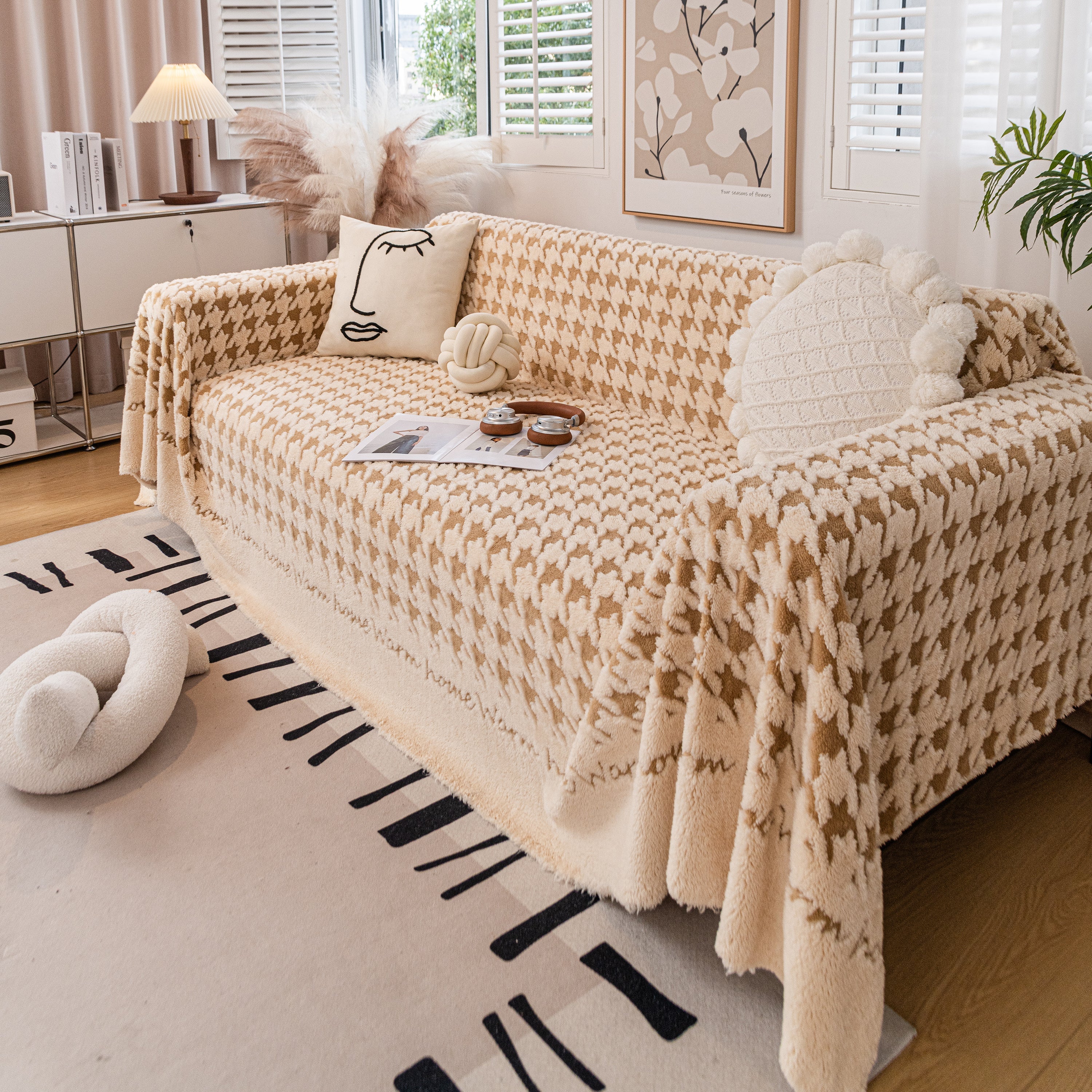 Jacquard Plush Houndstooth Sofa Throw Cover, Cover Throws for Sofas, Stylish Living Room Throws - Image 44