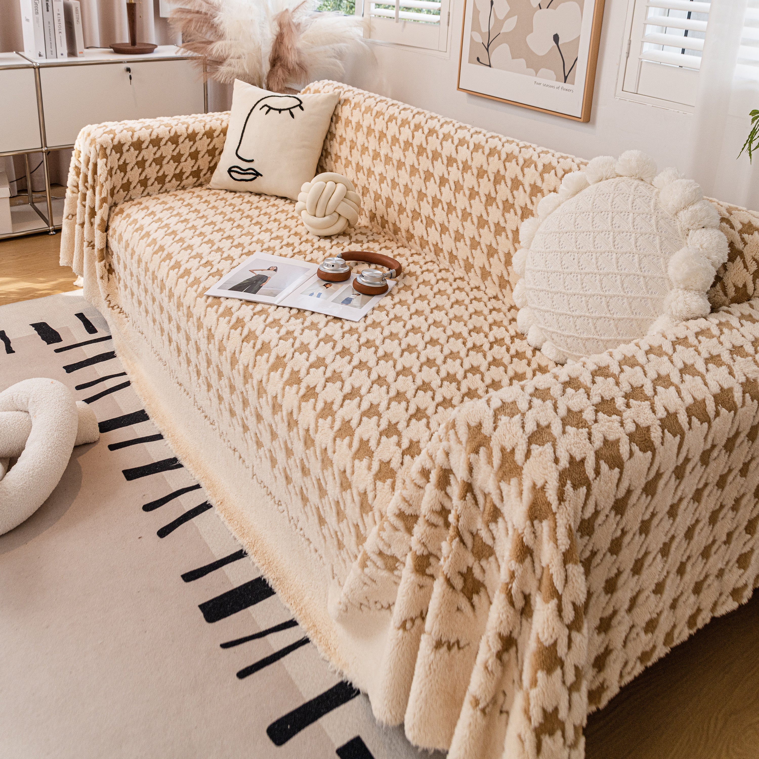 Jacquard Plush Houndstooth Sofa Throw Cover, Cover Throws for Sofas, Stylish Living Room Throws - Image 45