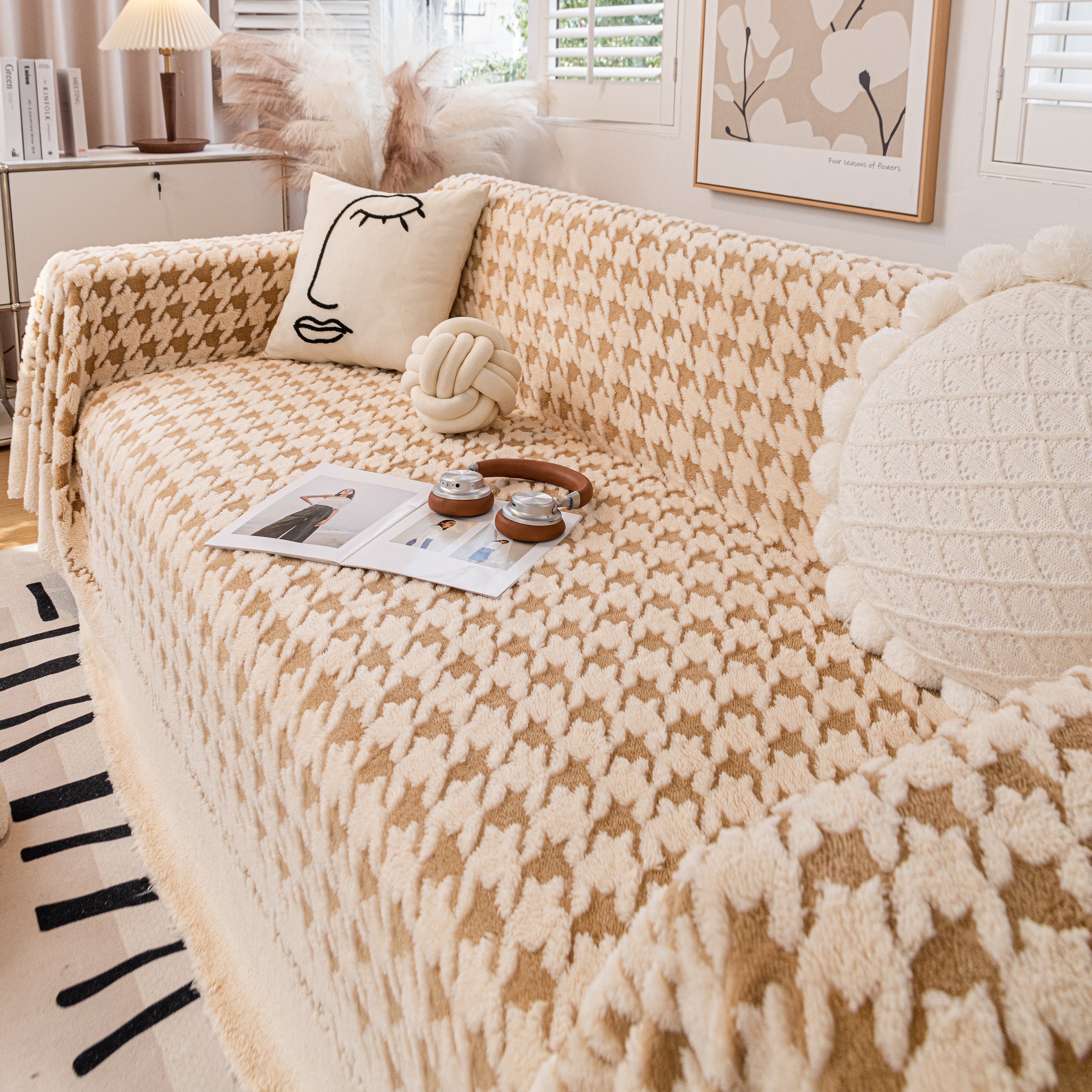 Jacquard Plush Houndstooth Sofa Throw Cover, Cover Throws for Sofas, Stylish Living Room Throws - Image 46