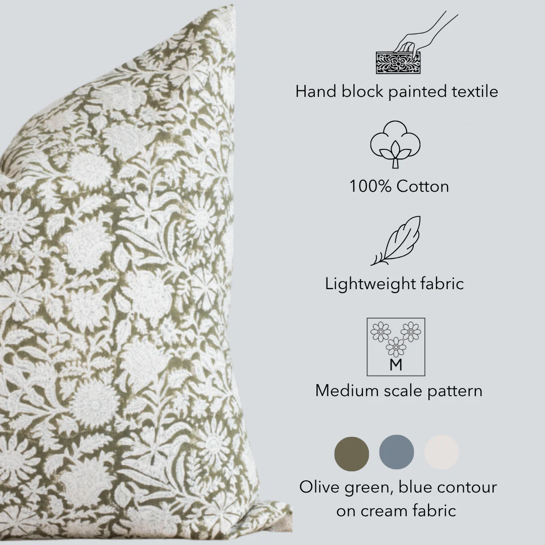 Jardim Floral Block Printed Pillow Cover | Olive - Image 4