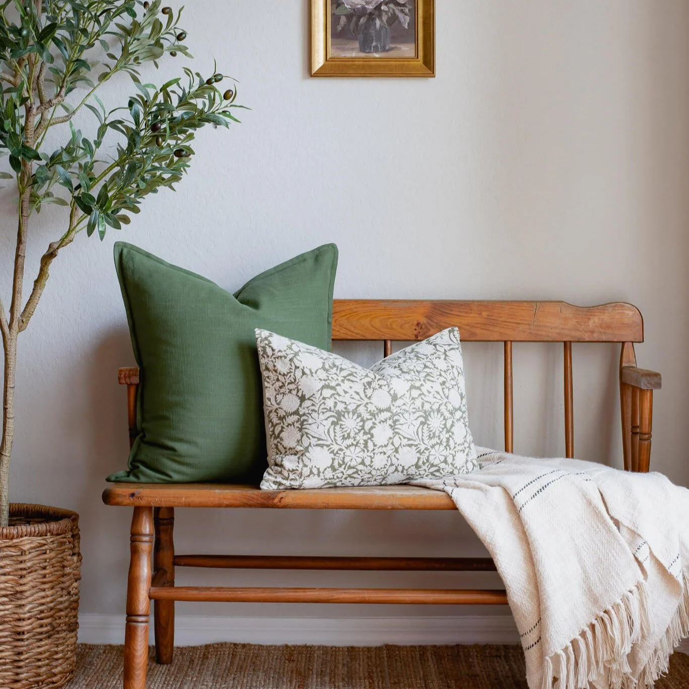 Jardim Floral Block Printed Pillow Cover | Olive Green | Lumbar - Image 5