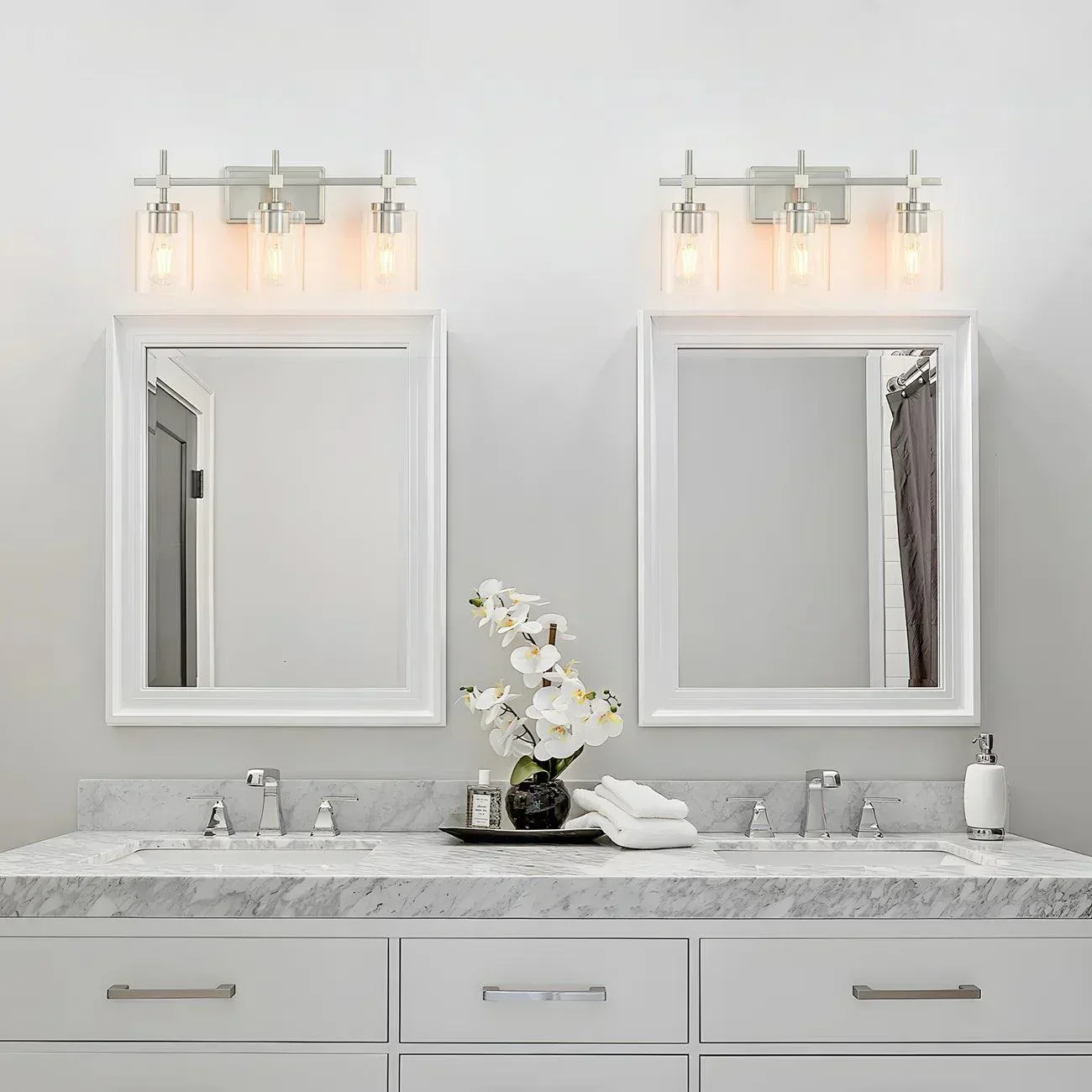 Jasper 3-Light Modern Clear Glass Bathroom Vanity Light, Black & Nickel - Image 11