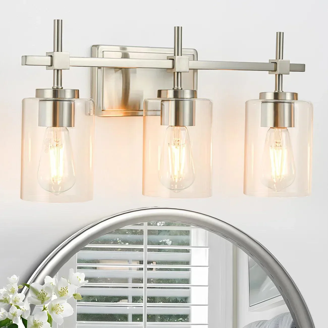 Jasper 3-Light Modern Clear Glass Bathroom Vanity Light, Black & Nickel - Image 12