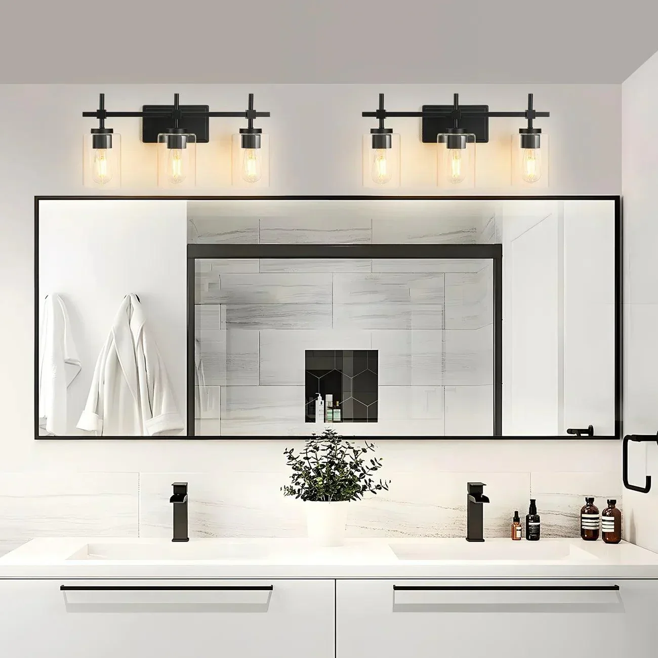 Jasper 3-Light Modern Clear Glass Bathroom Vanity Light, Black & Nickel - Image 2