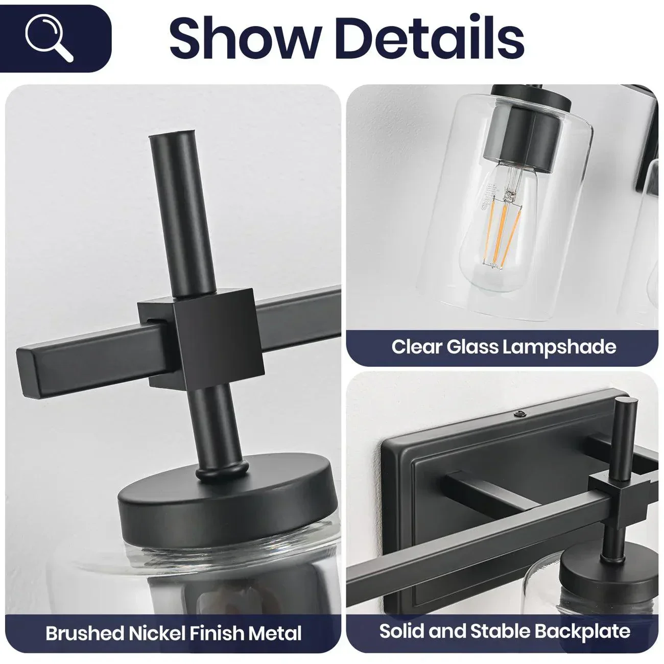 Jasper 3-Light Modern Clear Glass Bathroom Vanity Light, Black & Nickel - Image 3