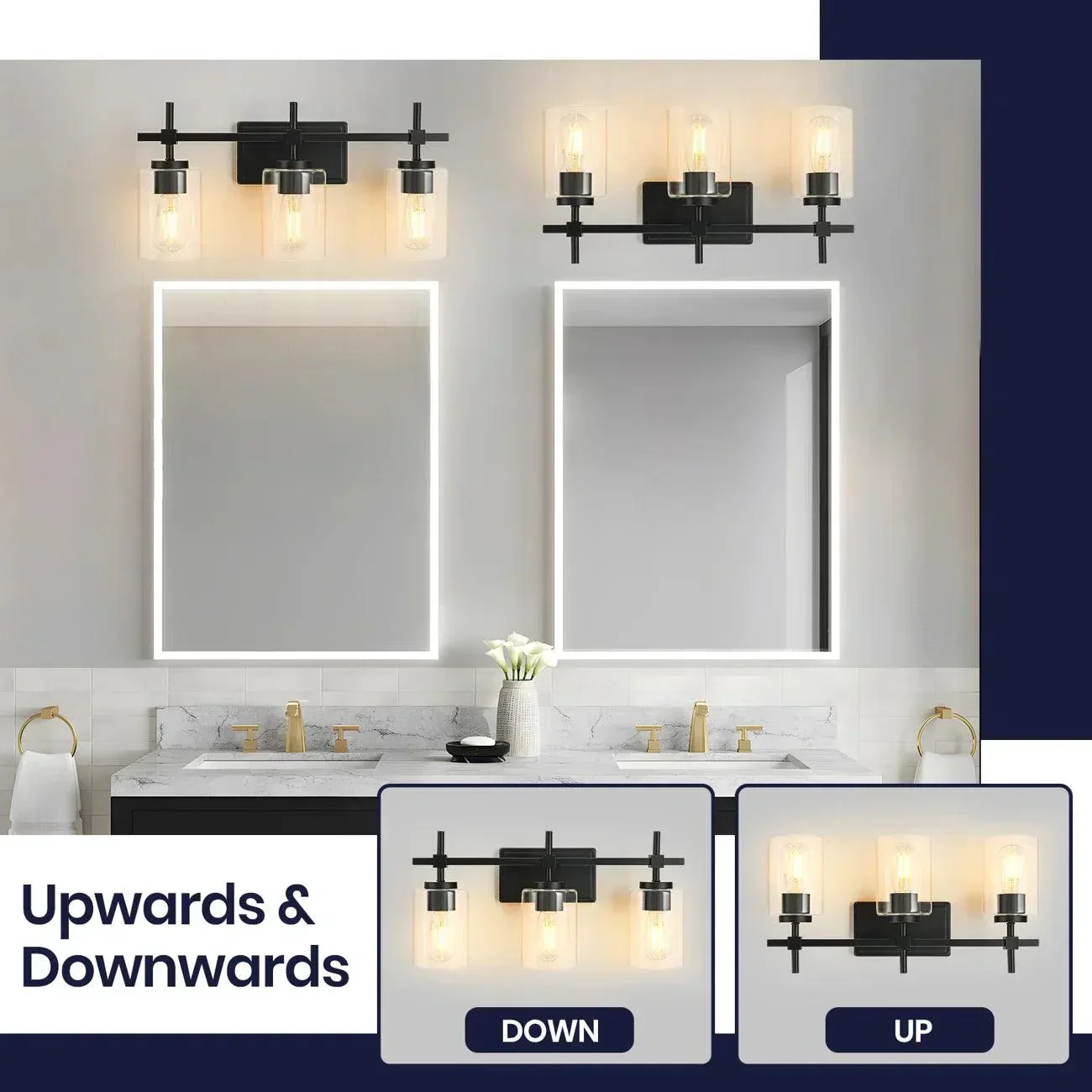 Jasper 3-Light Modern Clear Glass Bathroom Vanity Light, Black & Nickel - Image 4