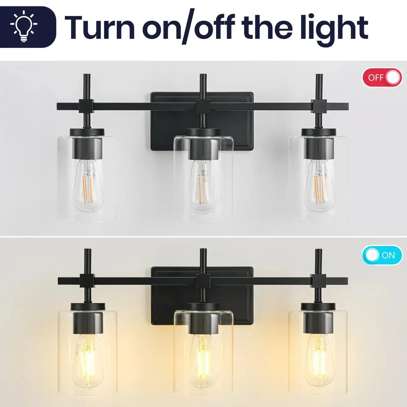 Jasper 3-Light Modern Clear Glass Bathroom Vanity Light, Black & Nickel - Image 5