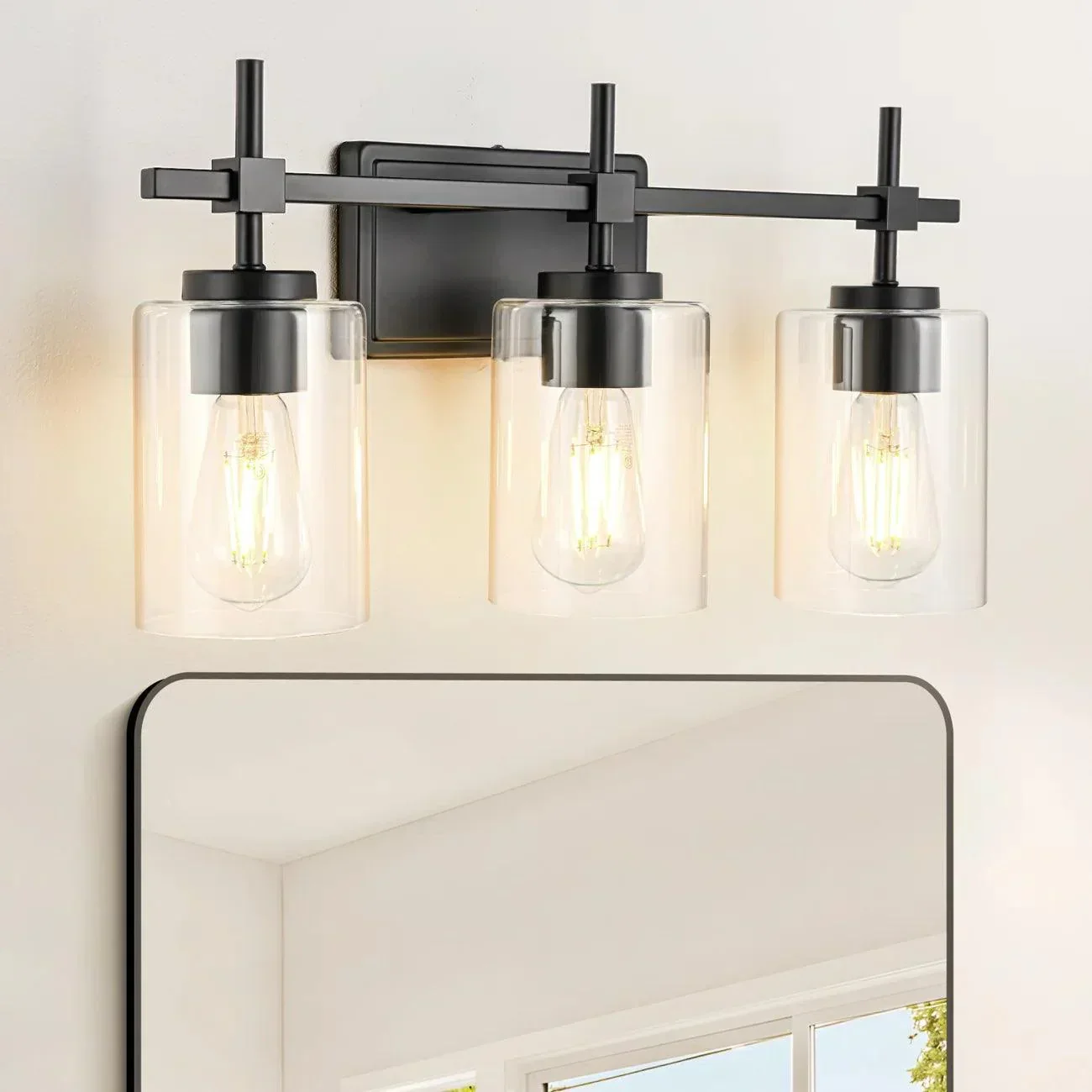 Jasper 3-Light Modern Clear Glass Bathroom Vanity Light, Black & Nickel - Image 6