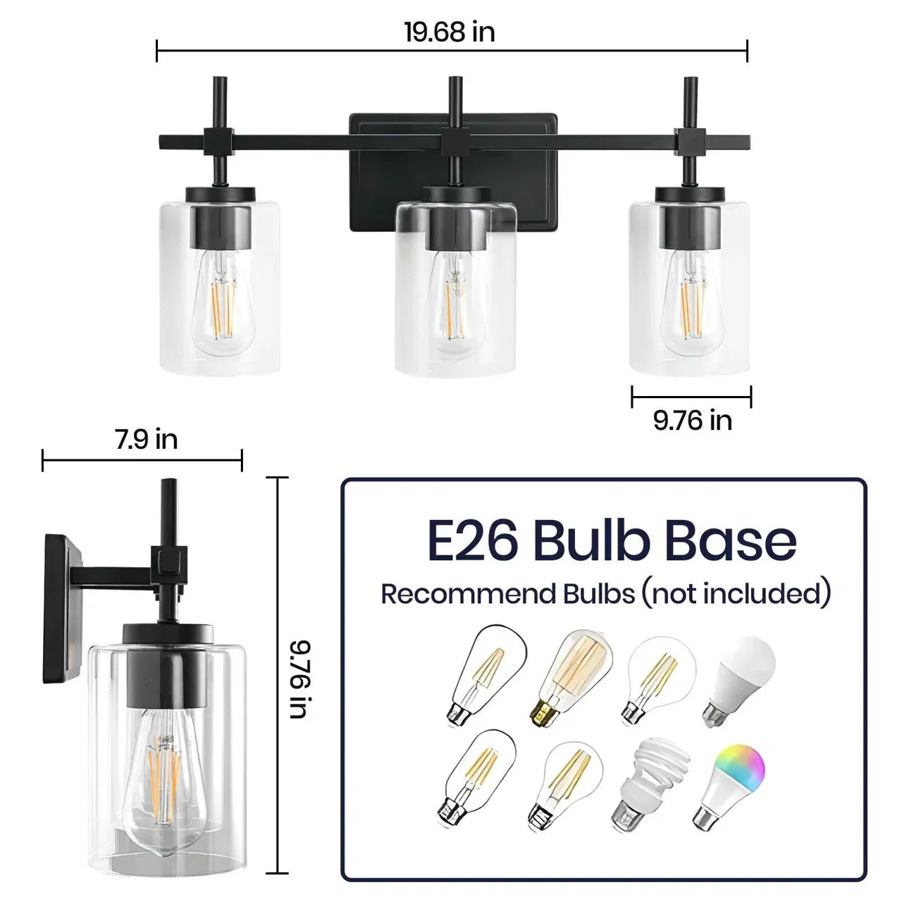 Jasper 3-Light Modern Clear Glass Bathroom Vanity Light, Black & Nickel - Image 7