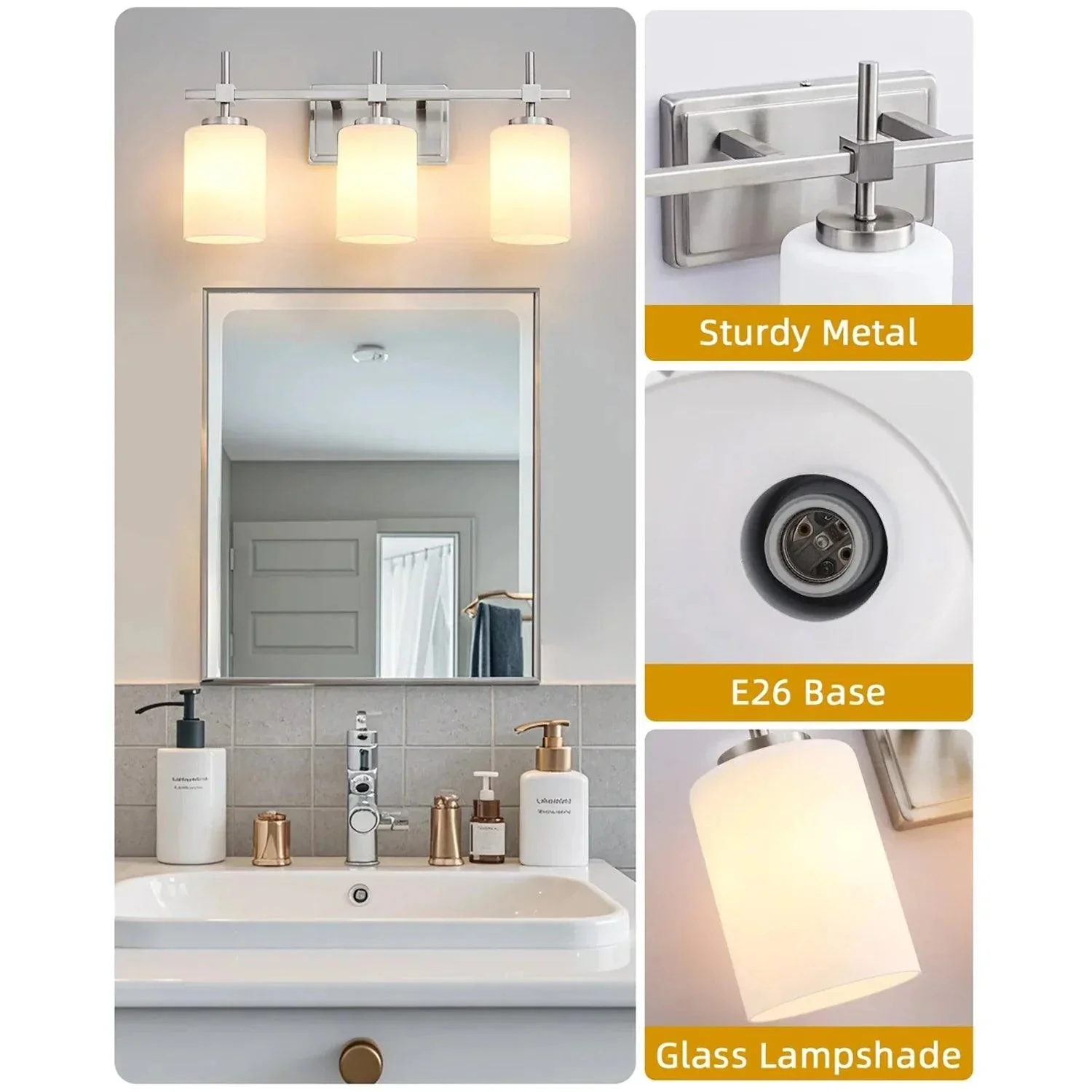 Jasper Gold Modern Frosted Glass 3-Light Bathroom Vanity Light - Image 12