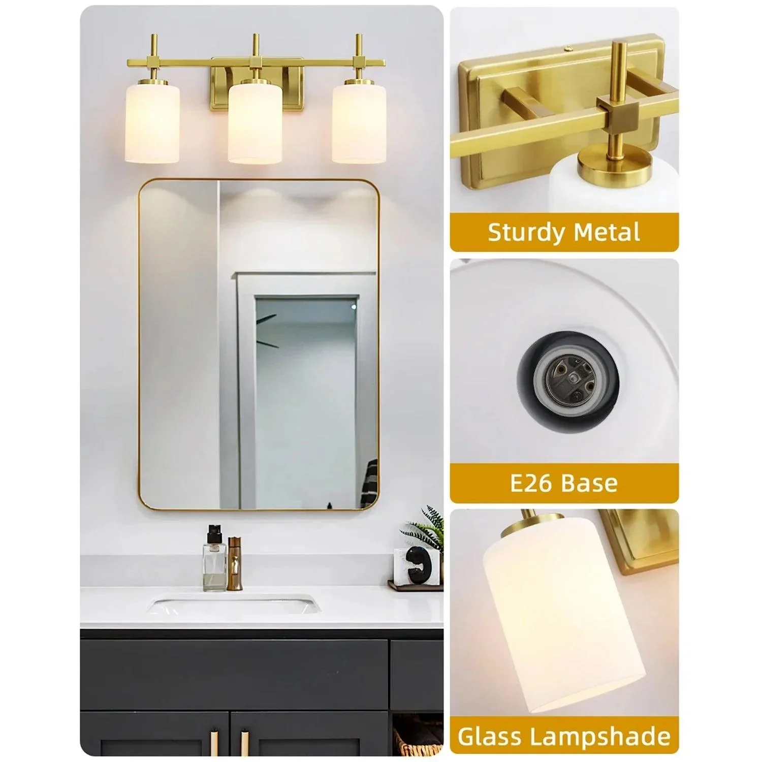 Jasper Gold Modern Frosted Glass 3-Light Bathroom Vanity Light - Image 3