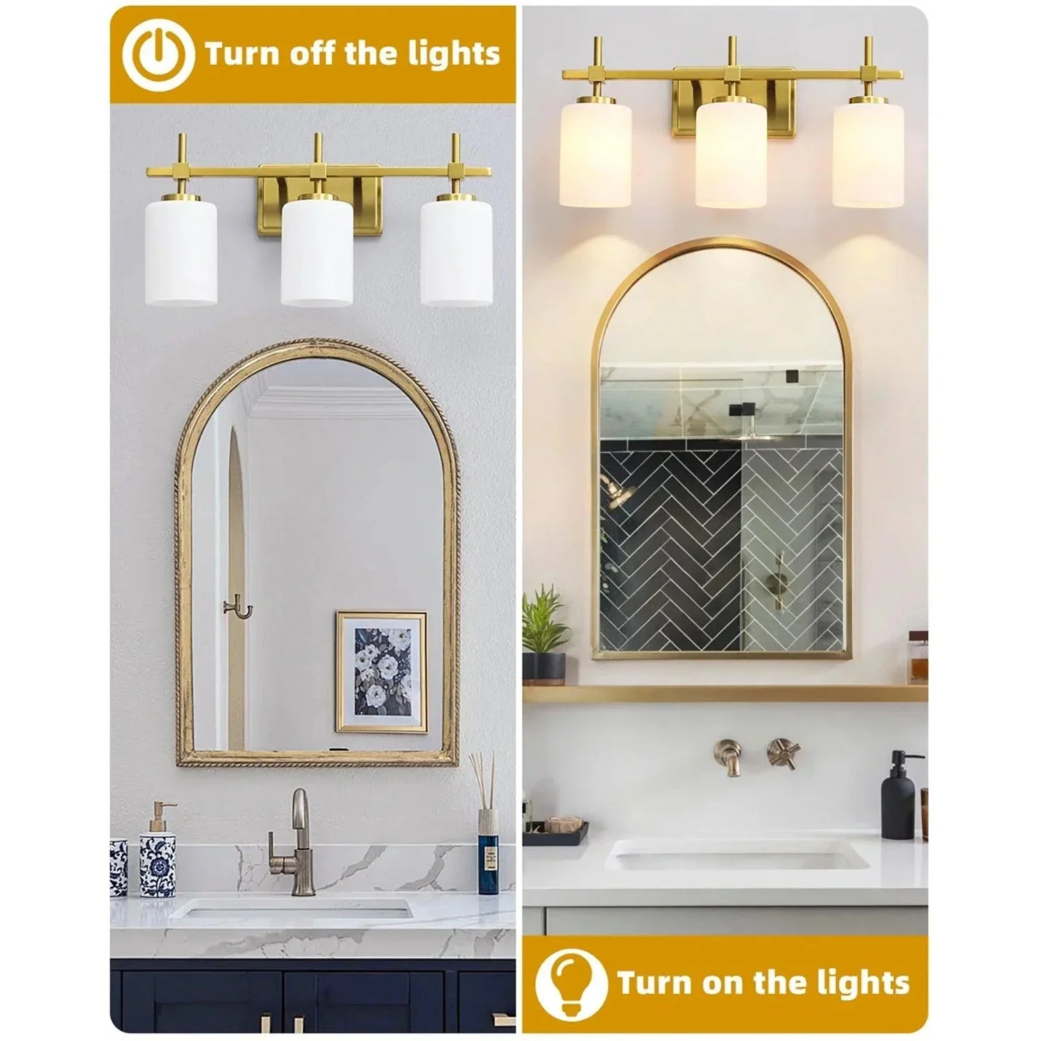 Jasper Gold Modern Frosted Glass 3-Light Bathroom Vanity Light - Image 4