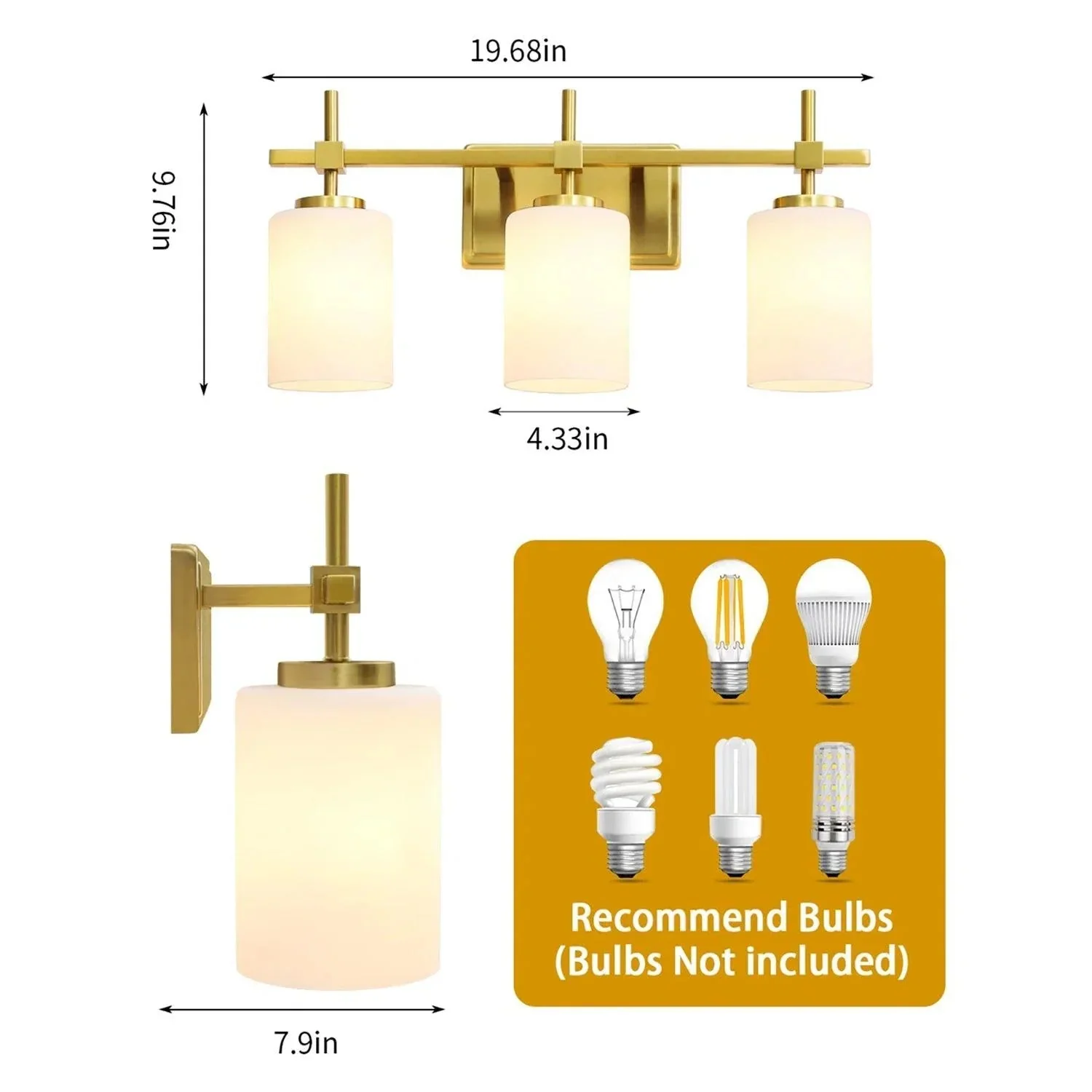 Jasper Gold Modern Frosted Glass 3-Light Bathroom Vanity Light - Image 8