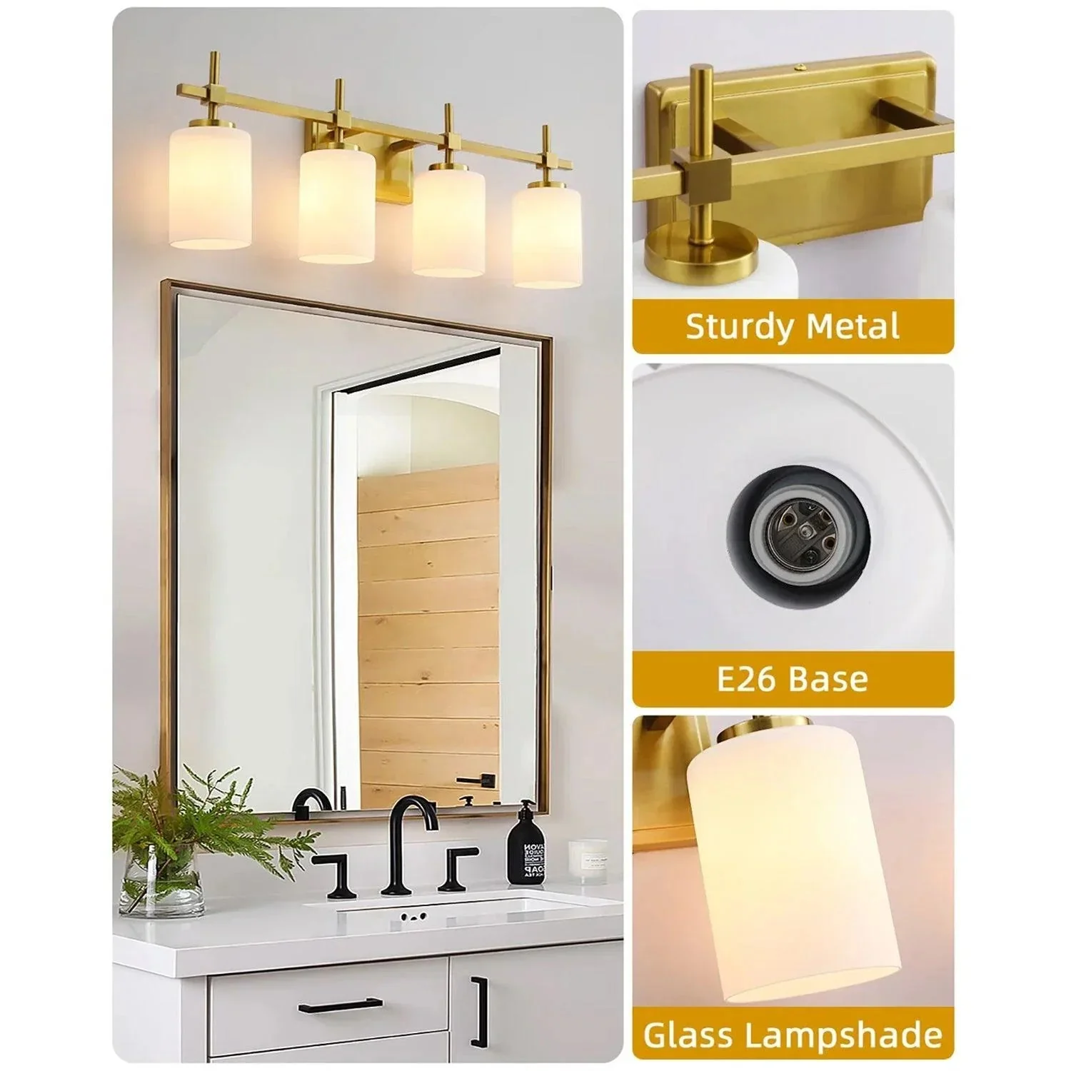 Jasper Gold Modern Frosted Glass 4-Light Bathroom Vanity Light - Image 3