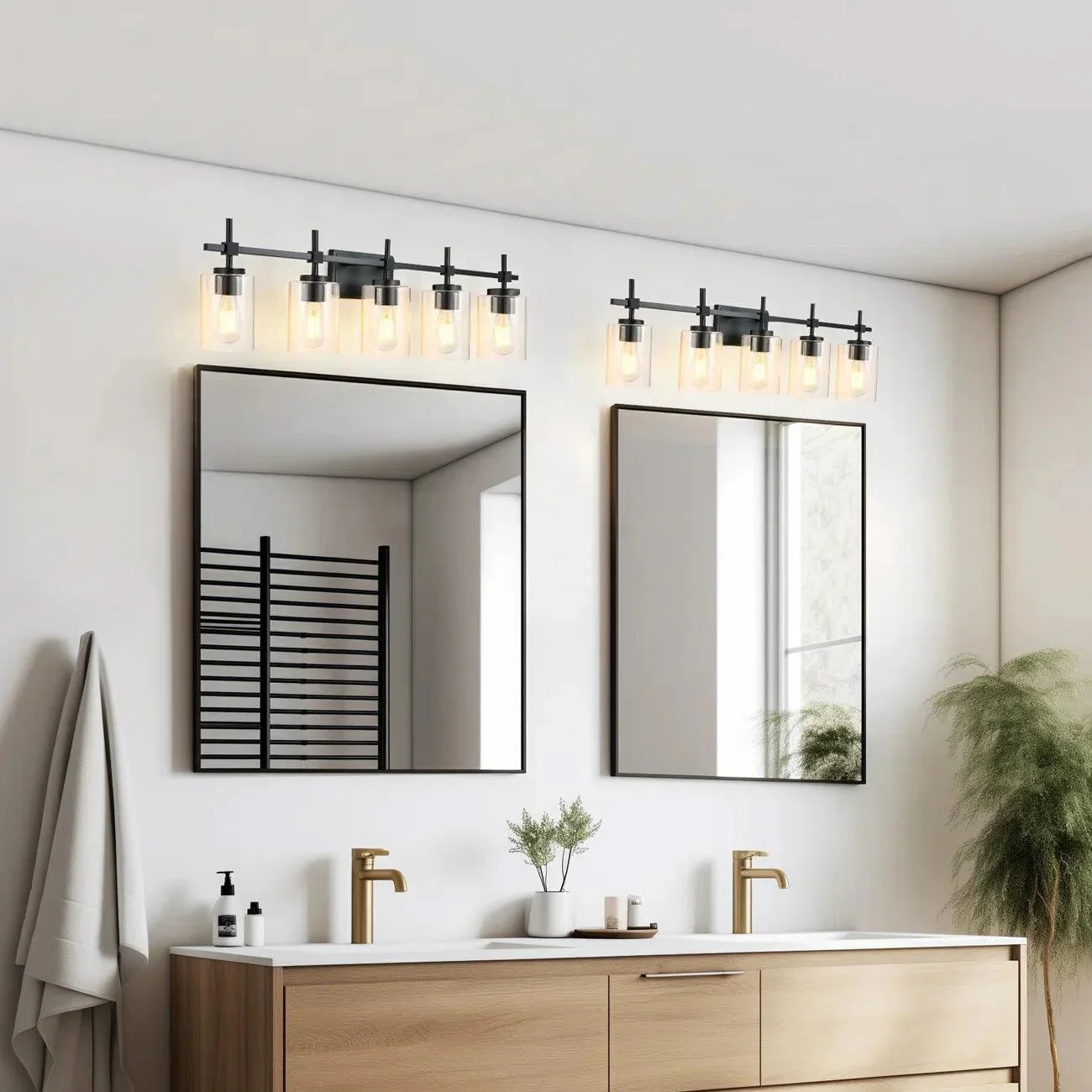 Jasper Modern Brushed Nickel & Black Clear Glass 5-Light Bathroom Linear Vanity Light - Image 10